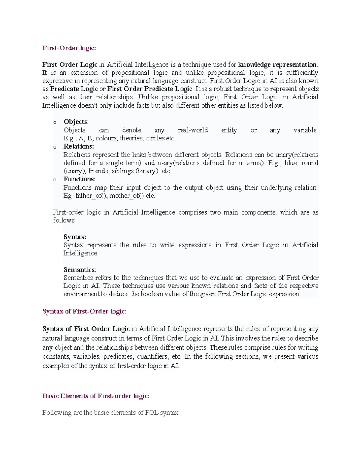 Unit 3 AI - ai mnaula - First-Order logic: First Order Logic in ...