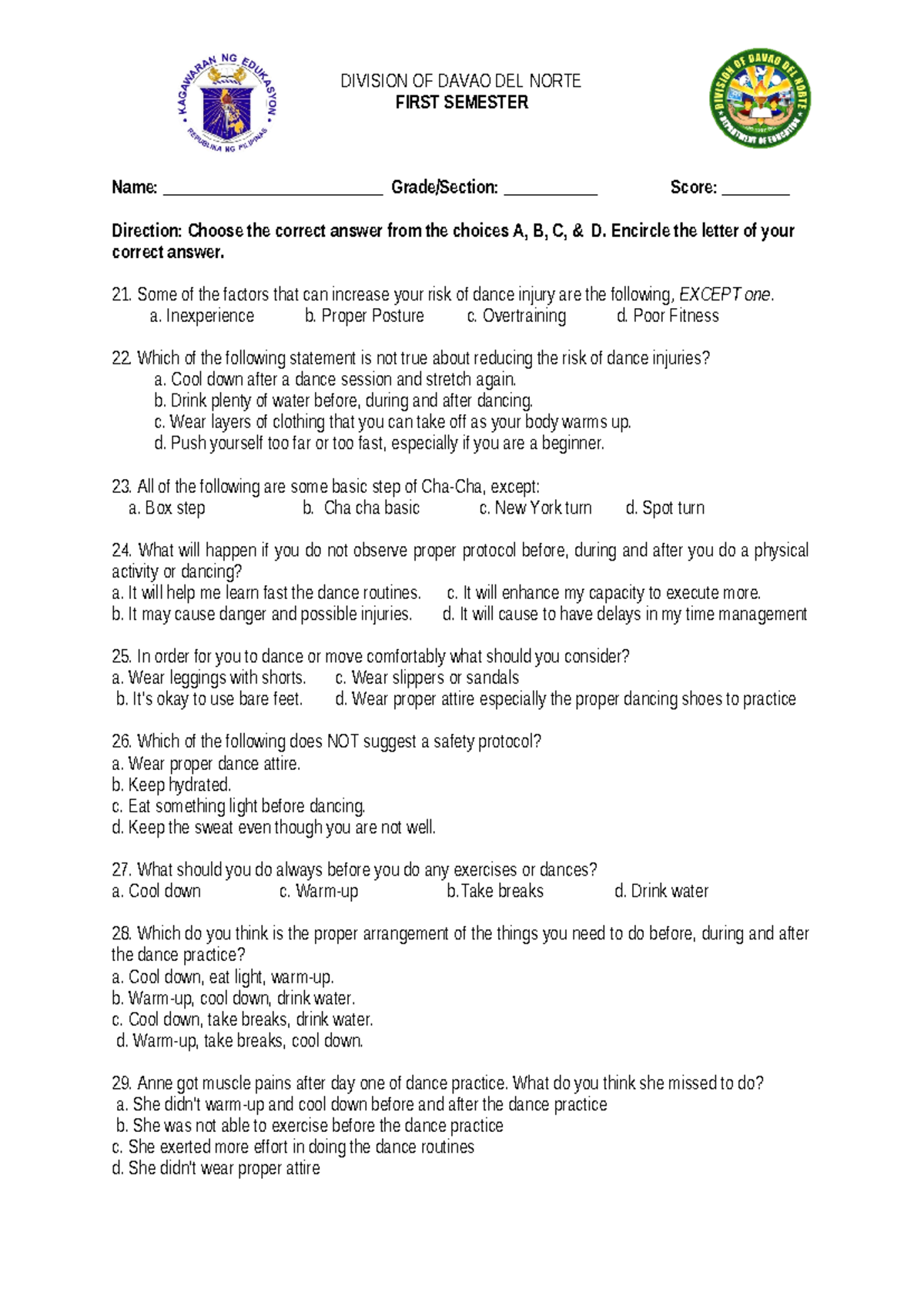 TOS WID TEST Question HOPE 12 - DIVISION OF DAVAO DEL NORTE FIRST ...