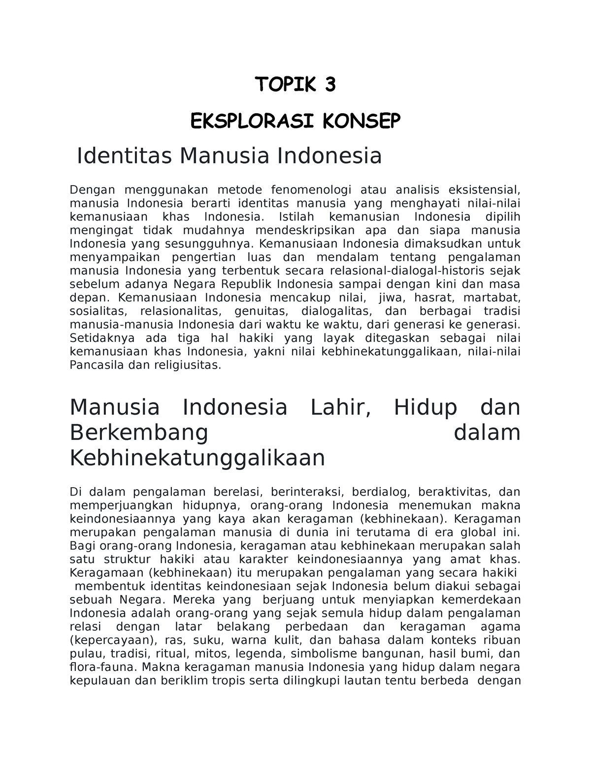 Materi Eksplorasi Konsep Topik 3 Eksplorasi Konsep Identitas Manusia Indonesia Dengan 