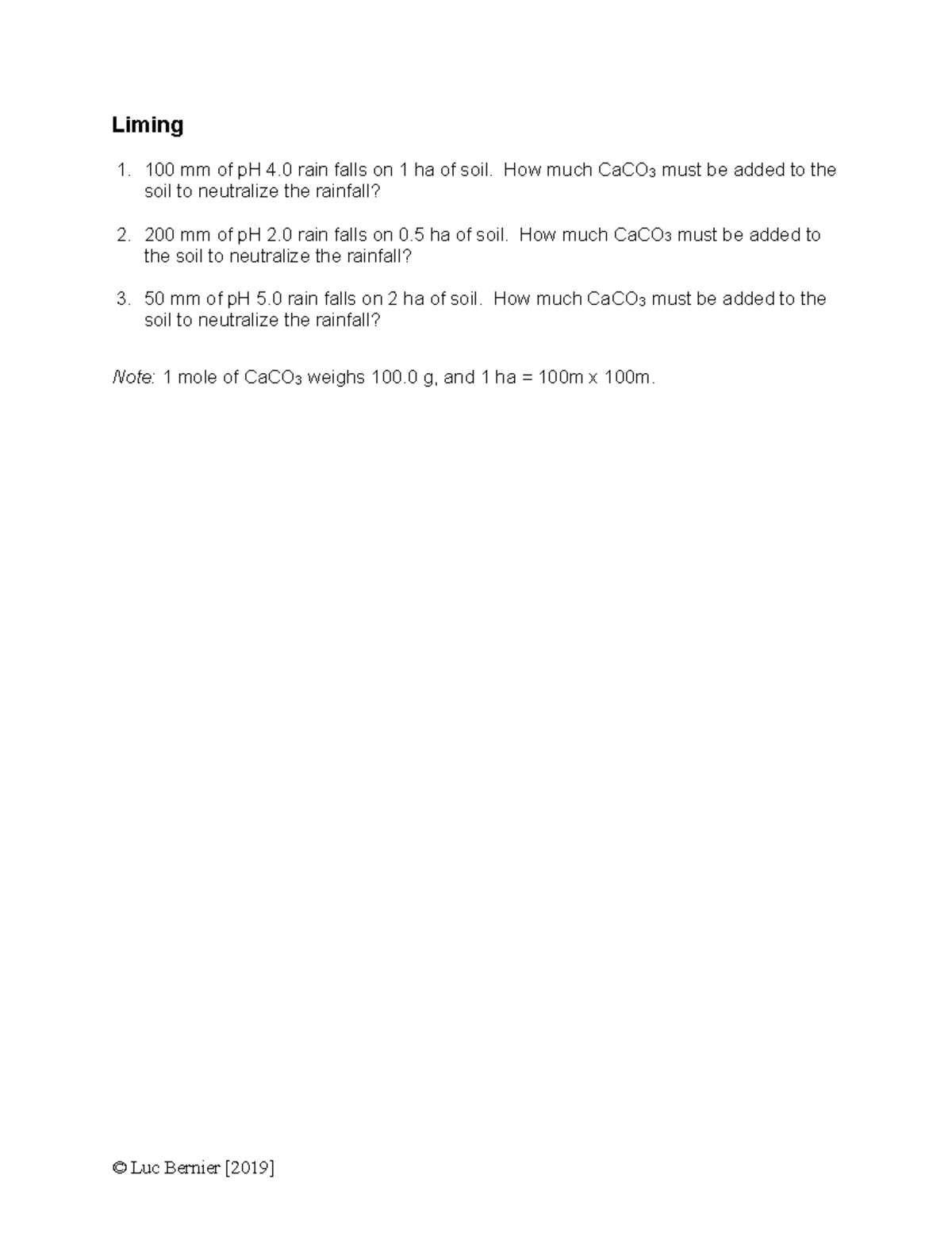 ES 1C03 - Liming Practice Problems - Liming 100 mm of pH 4 rain falls ...