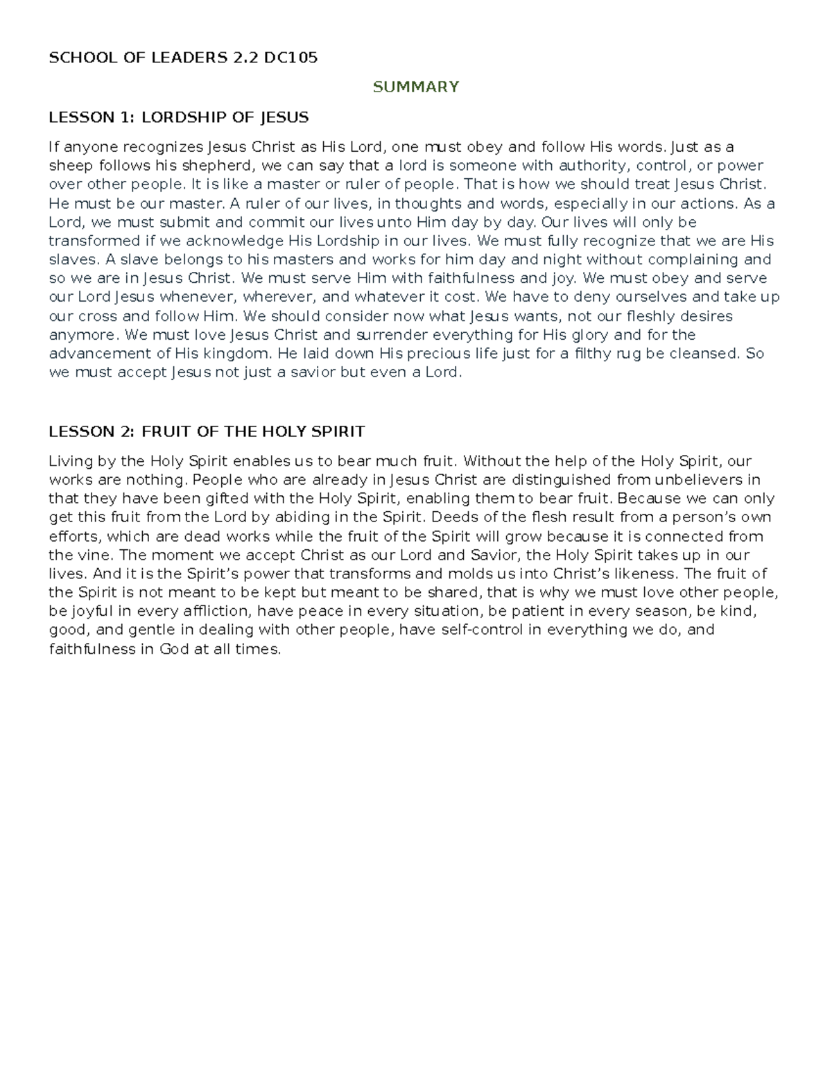 DC105- Assignment - SCHOOL OF LEADERS 2 DC SUMMARY LESSON 1: LORDSHIP ...