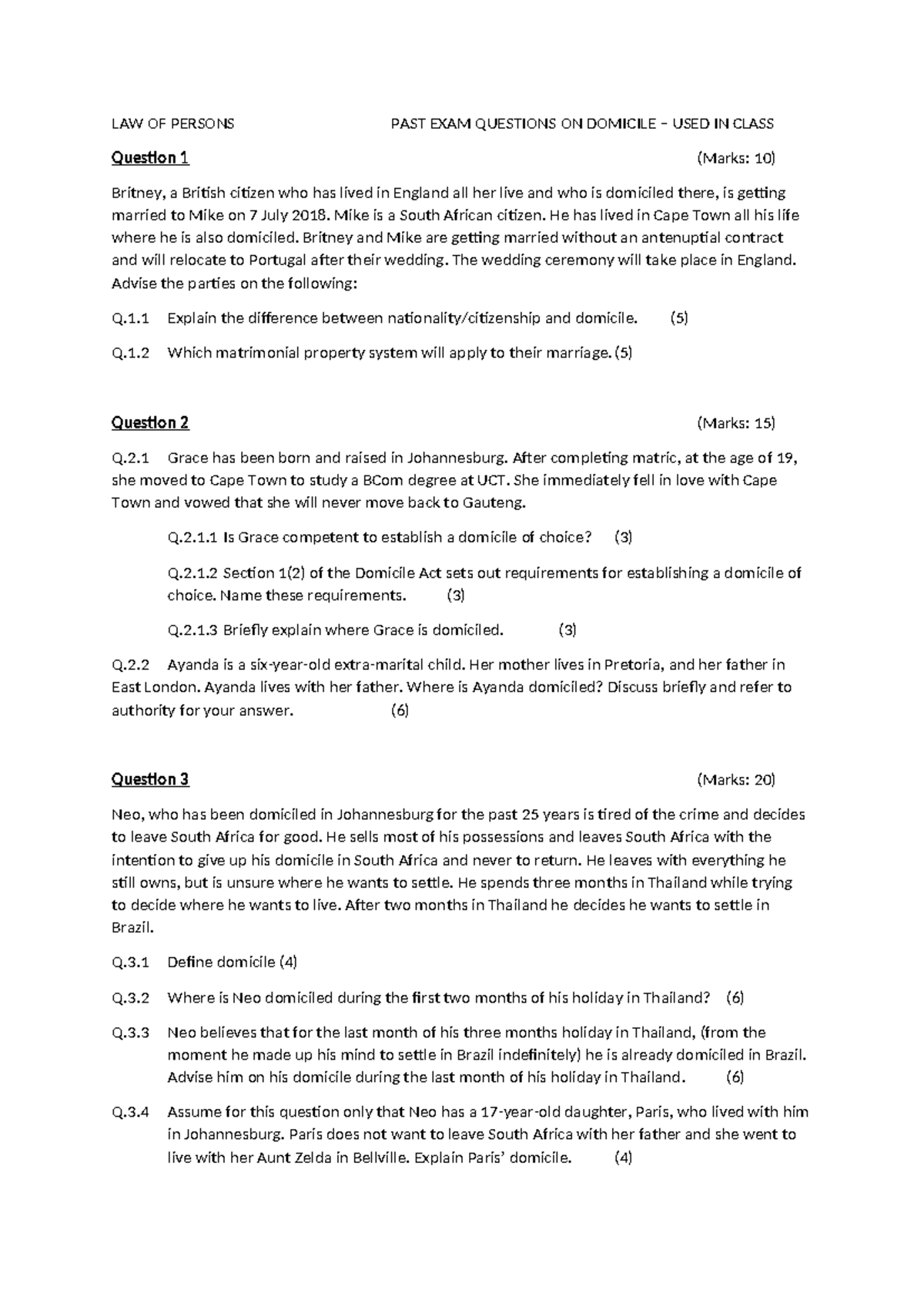 2019 Past exam questions used in class Domicile - LAW OF PERSONS PAST ...