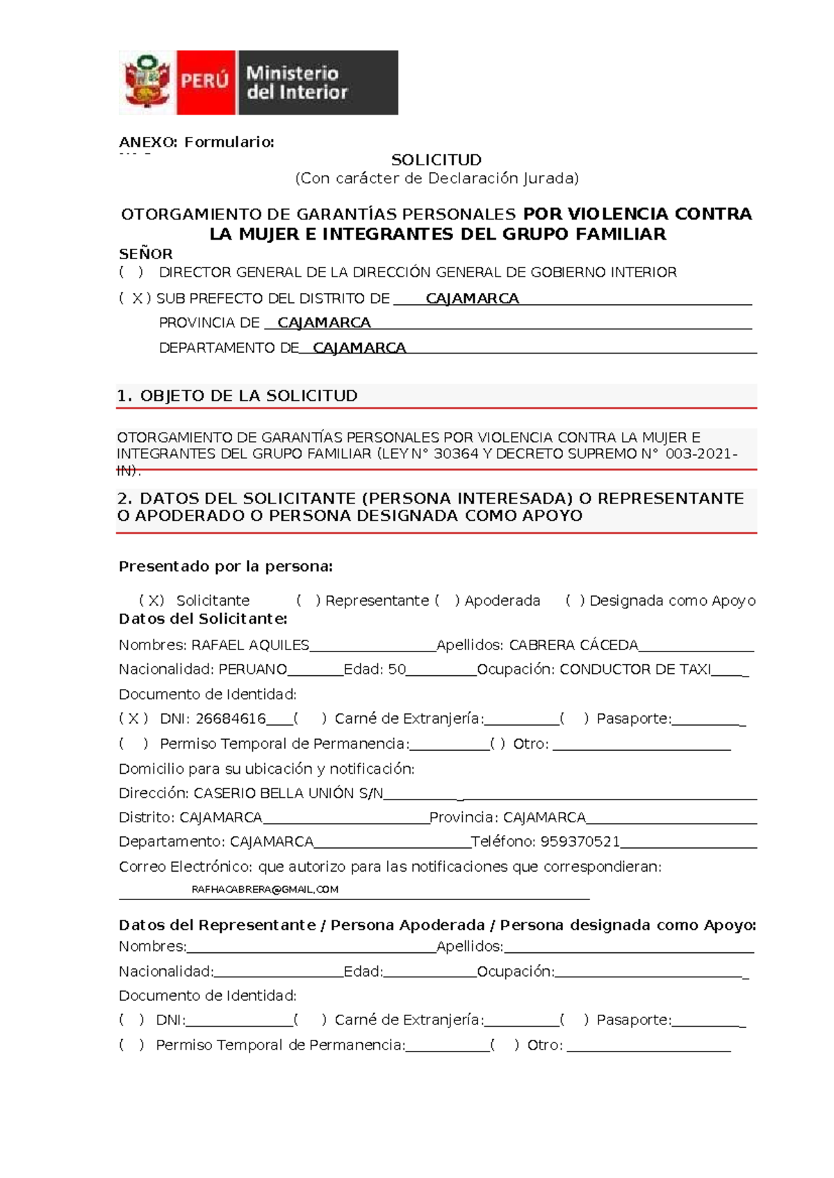 Anexo Formulario 2 Solicitud Garantias POR Violencia DS 003-2021-IN - N ...