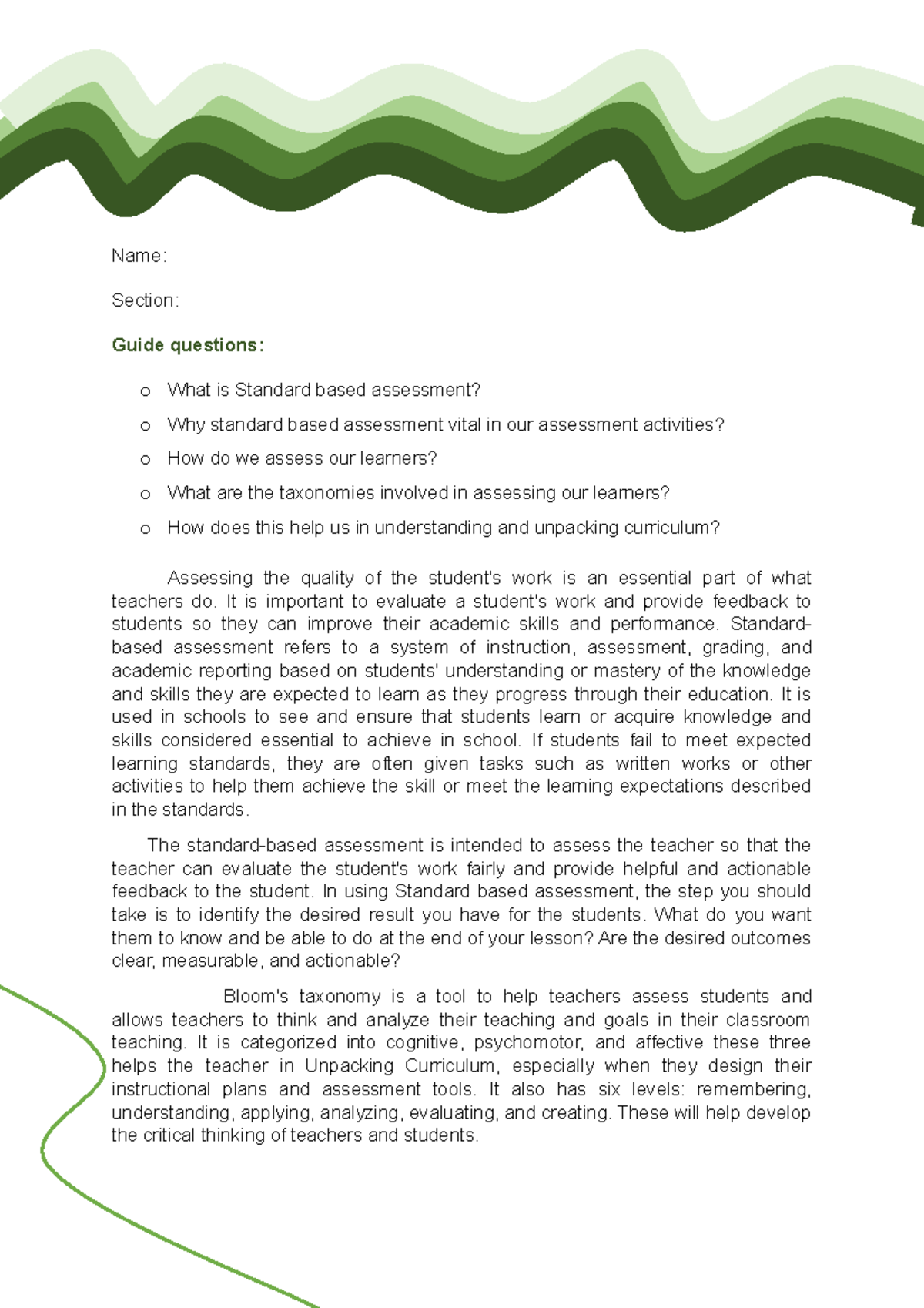 Standard Based Assessment Name Section Guide questions o What is