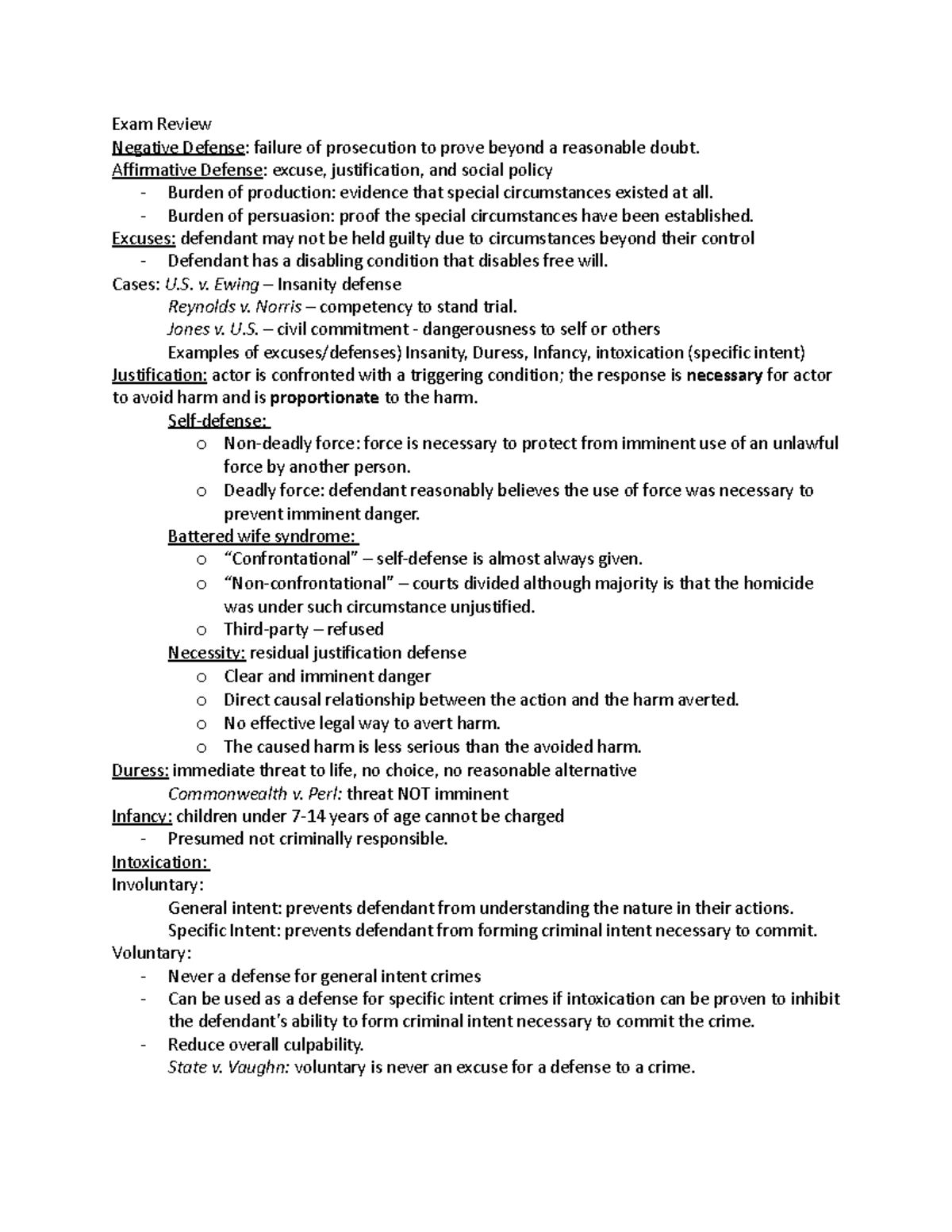 Exam #1 Review - Exam Review Negative Defense: failure of prosecution ...