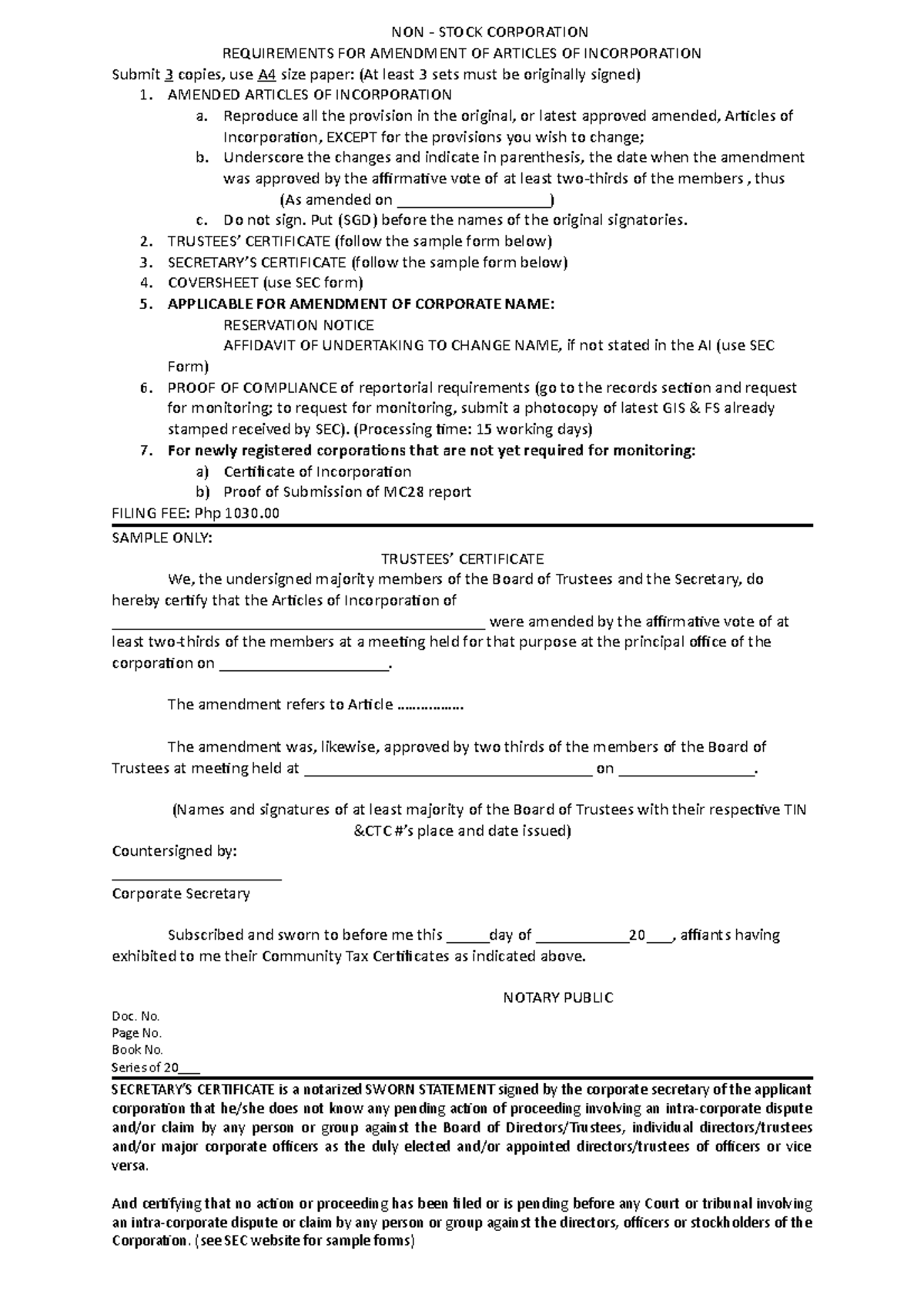 Aai Non Stock Requirements - Non - Stock Corporation Requirements For 