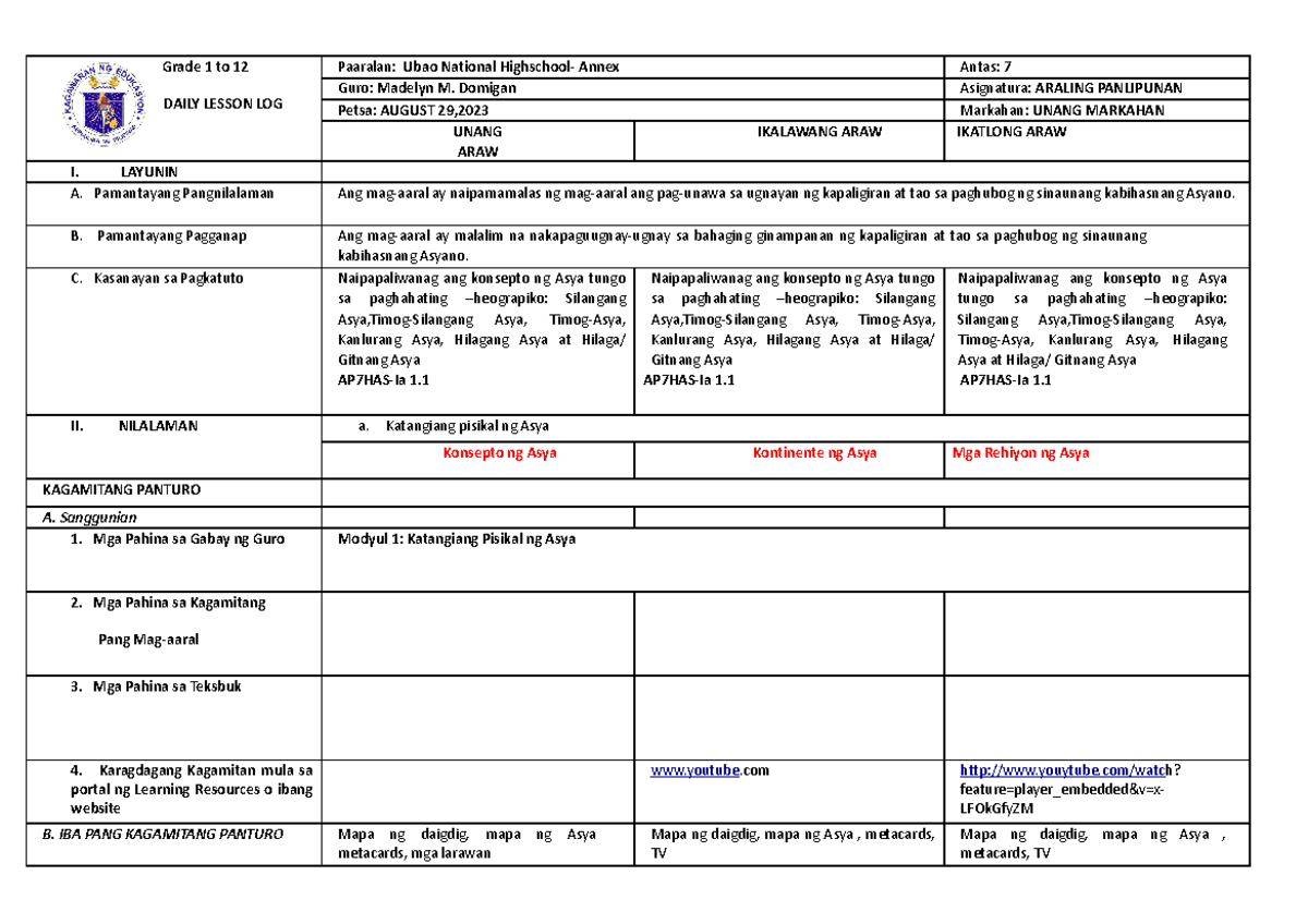 AP 7 week 1 - Lesson Plan - Grade 1 to 12 DAILY LESSON LOG Paaralan ...