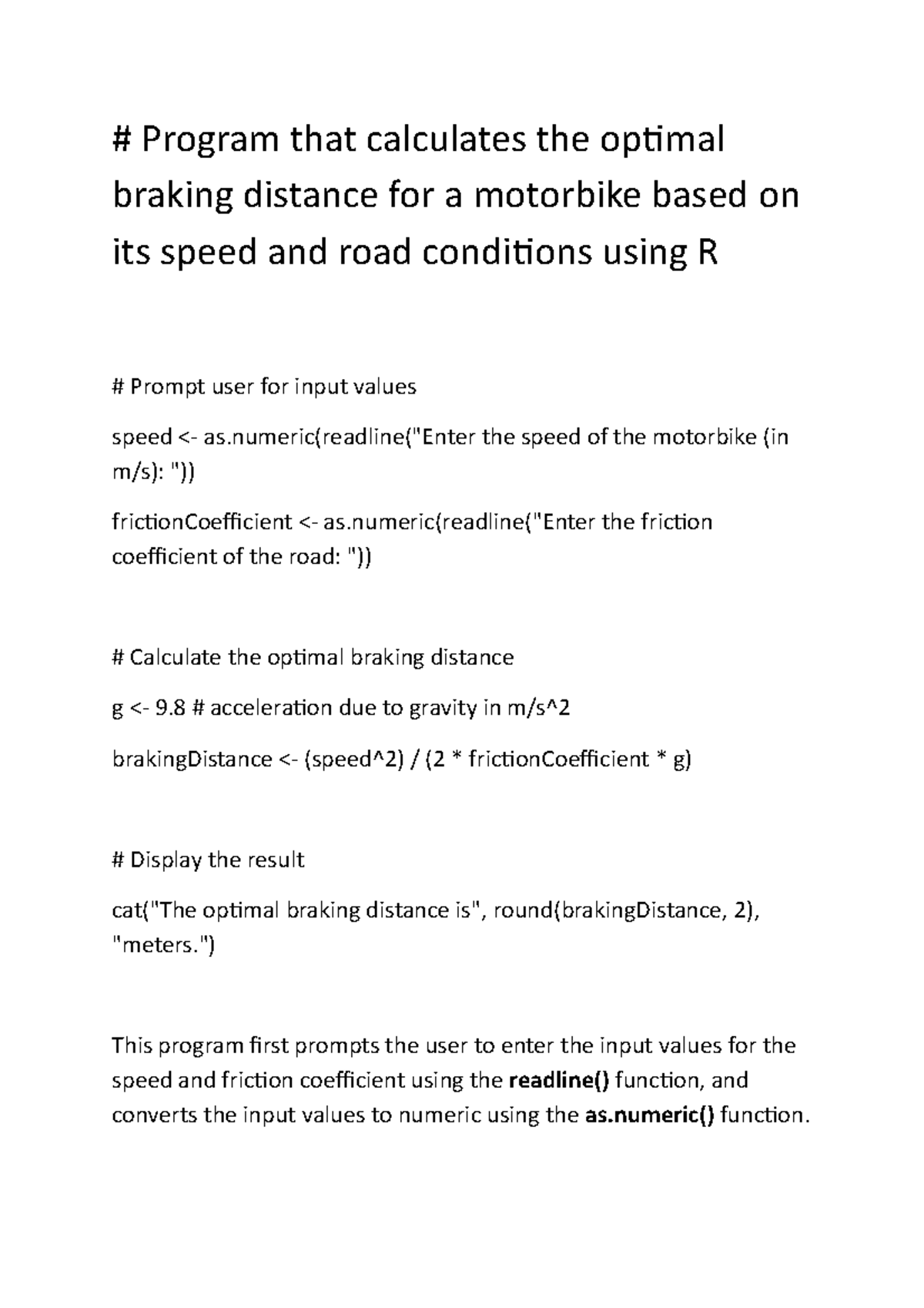 Program that calculates the optimal braking distance for a motorbike