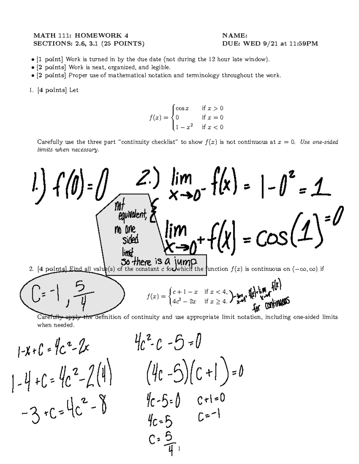 Calc 1 Sections 2.6 and 3.1 Problems - MATH 111: HOMEWORK 4 NAME ...