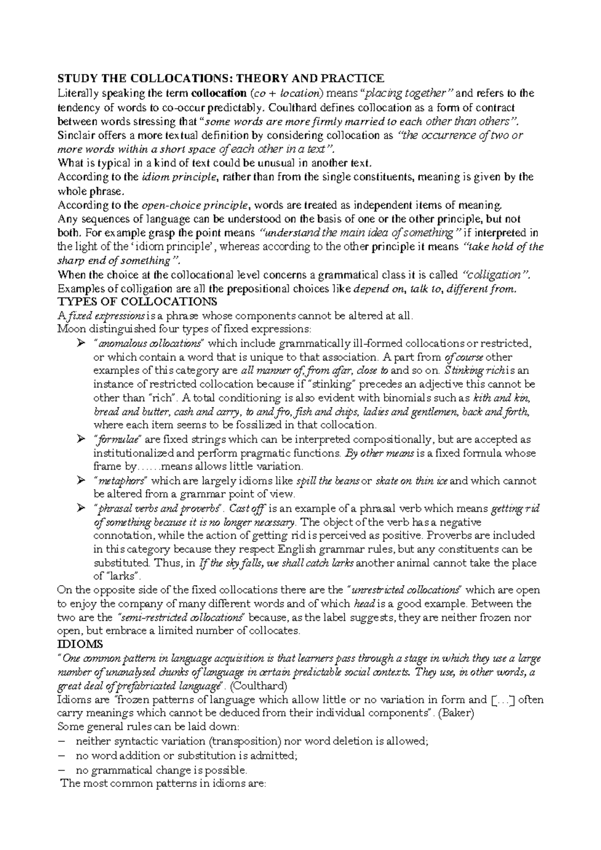 Collocations, Idioms, Metaphors - STUDY THE COLLOCATIONS: THEORY AND ...