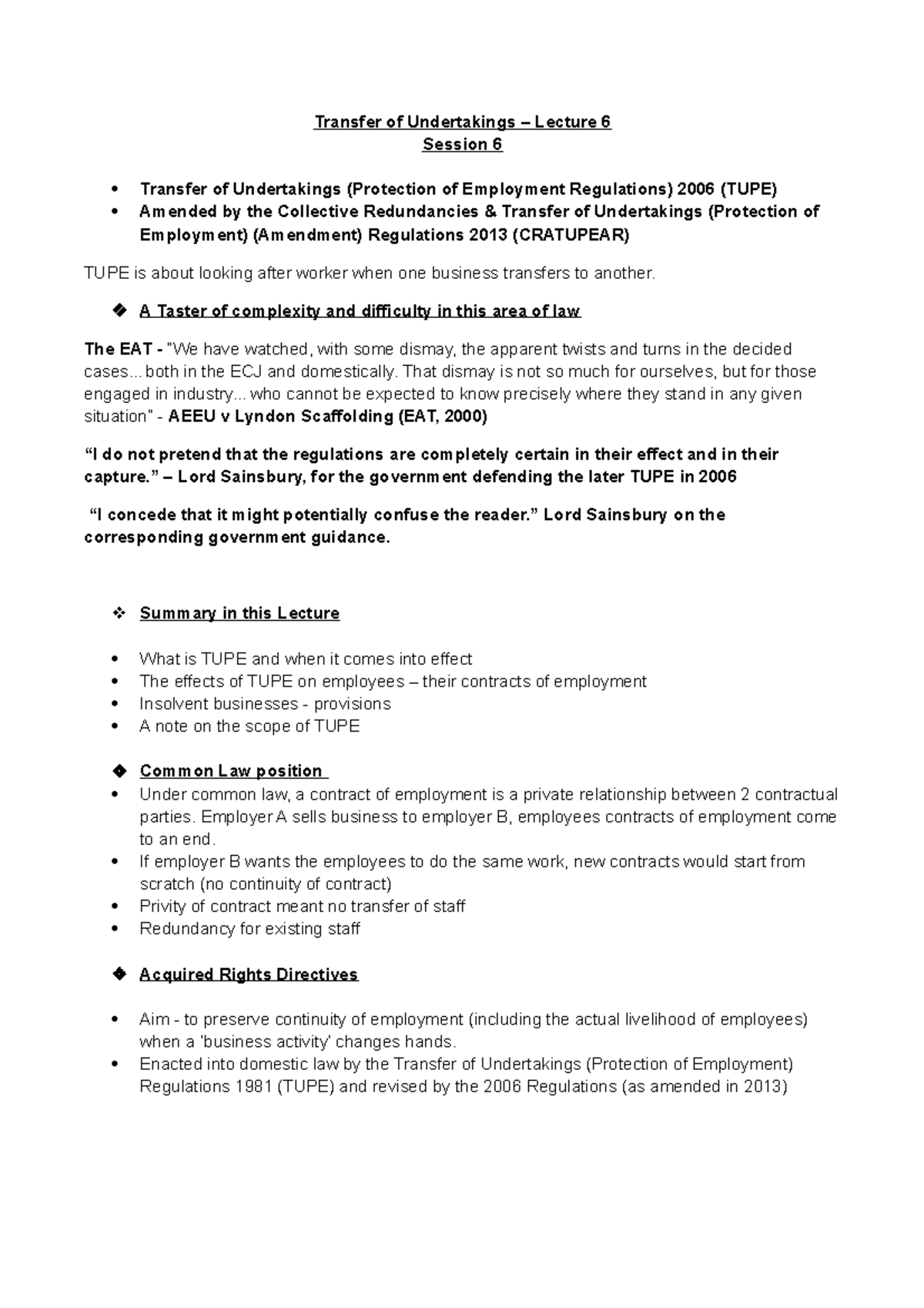 Transfer of Undertakings Lecture A Taster of complexity and