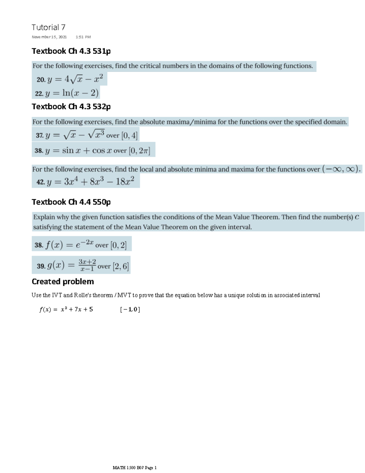 MATH 1500 - Tutorial 7-2 - Textbook Ch 4 531p Textbook Ch 4 532p ...