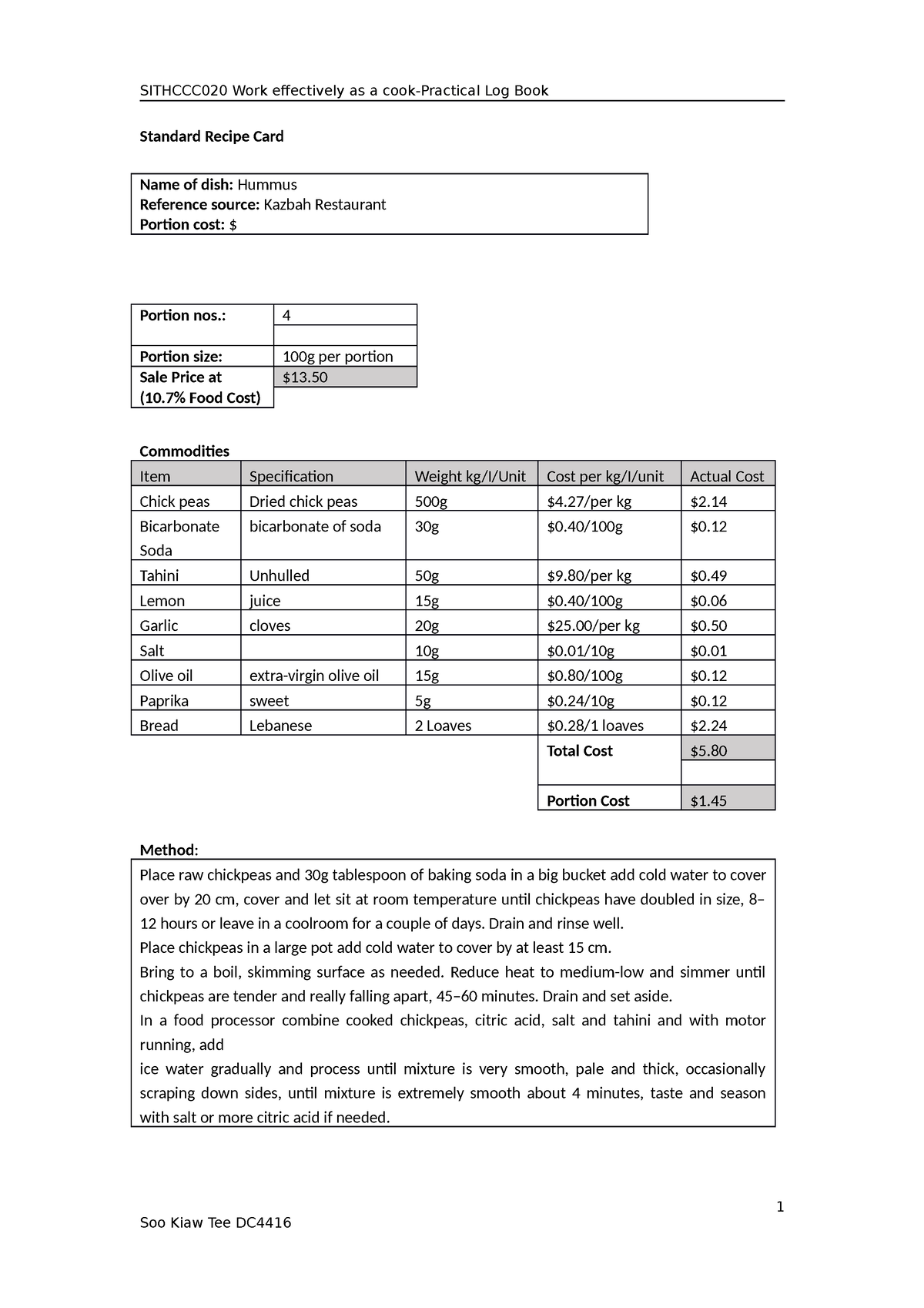 Sithccc 020 Practical Log Book - Standard Recipe Card Commodities Item ...