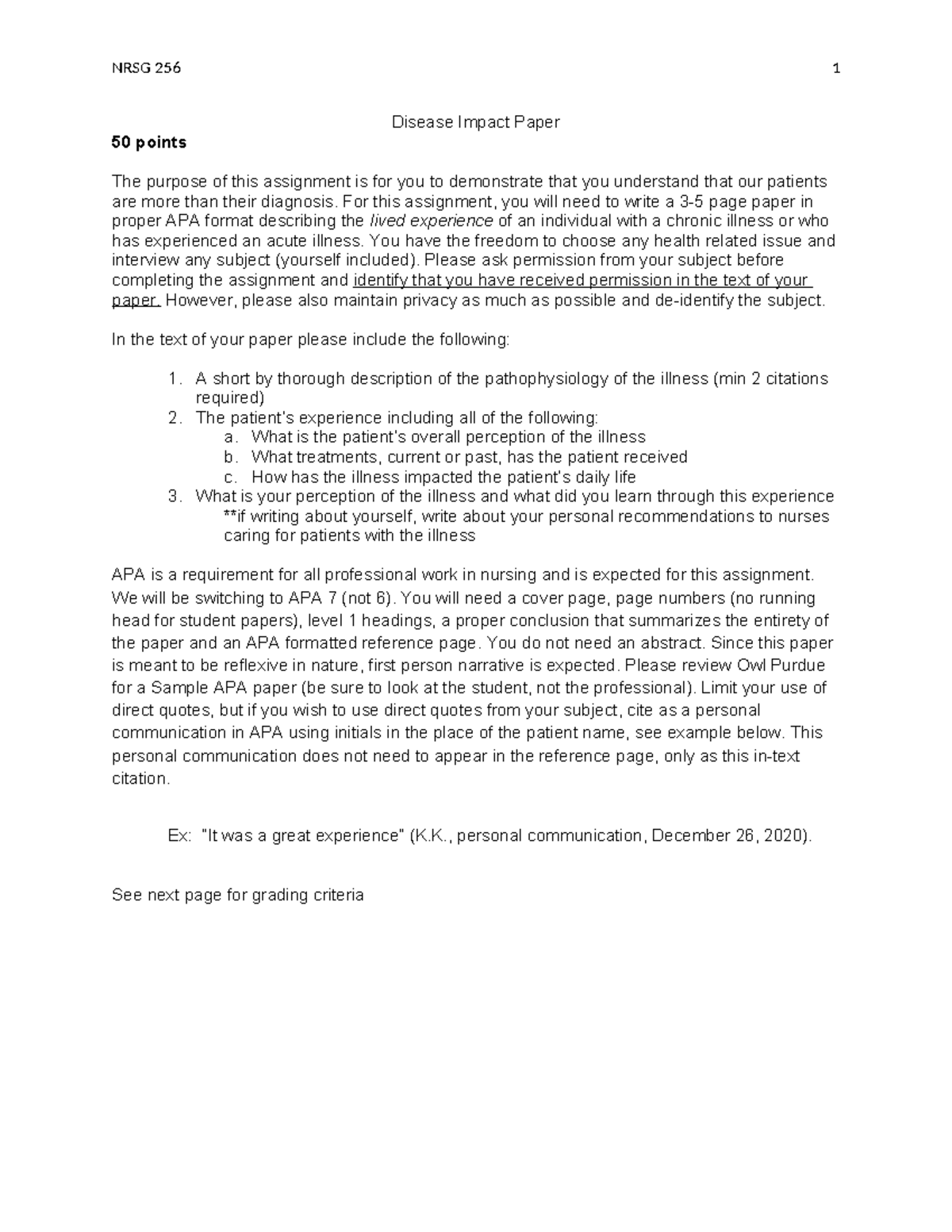 Disease Impact Paper Rubric NRSG 256 1 Disease Impact Paper 50 points