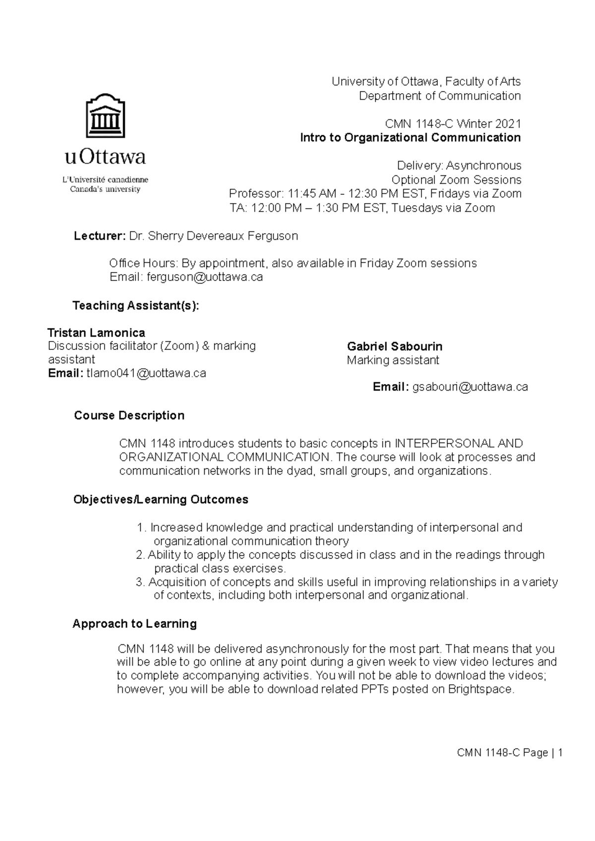 CMN 1148C Intro To Organizational Communication Winter 2021 Syllabus ...