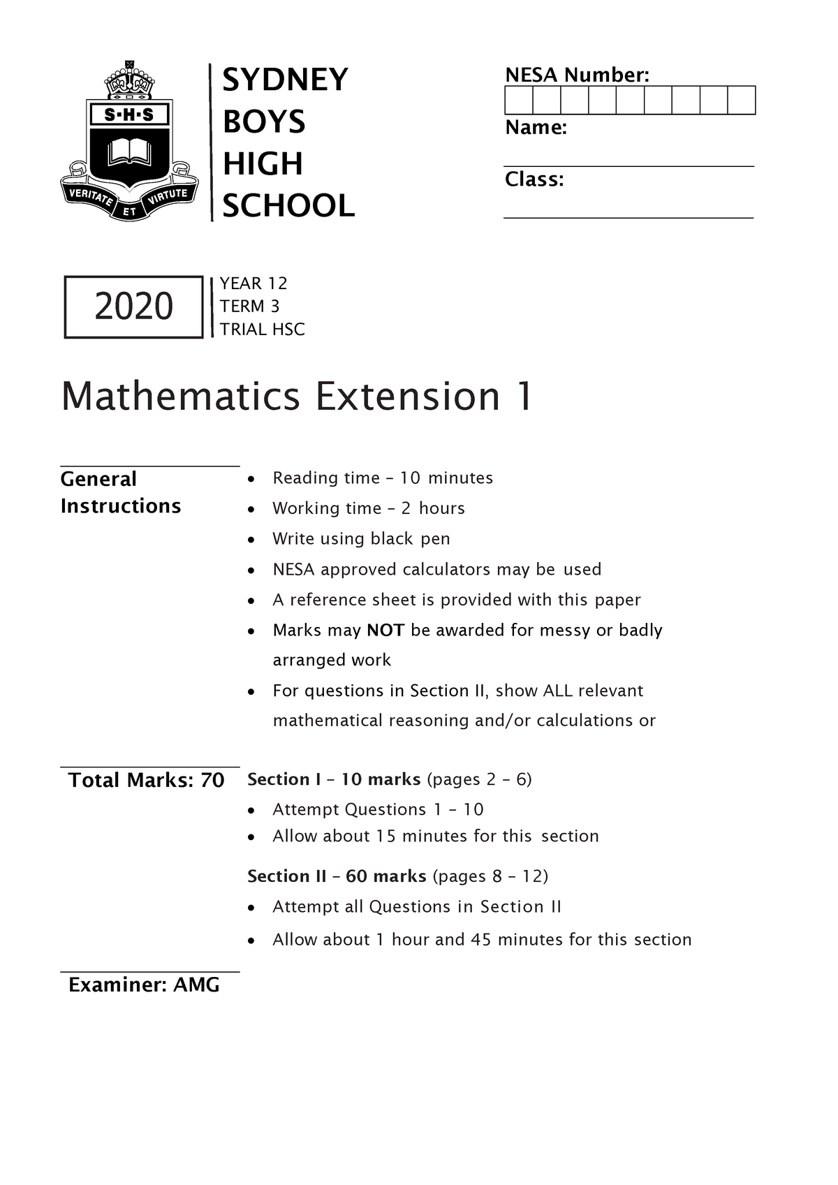 3U SBHS 2020 - Extension 1 Mathematics Paper - Warning: TT: undefined ...