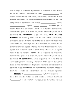 Compraventa (Documento Privado) - En el municipio de Guatemala,  departamento de Guatemala, el trece - Studocu
