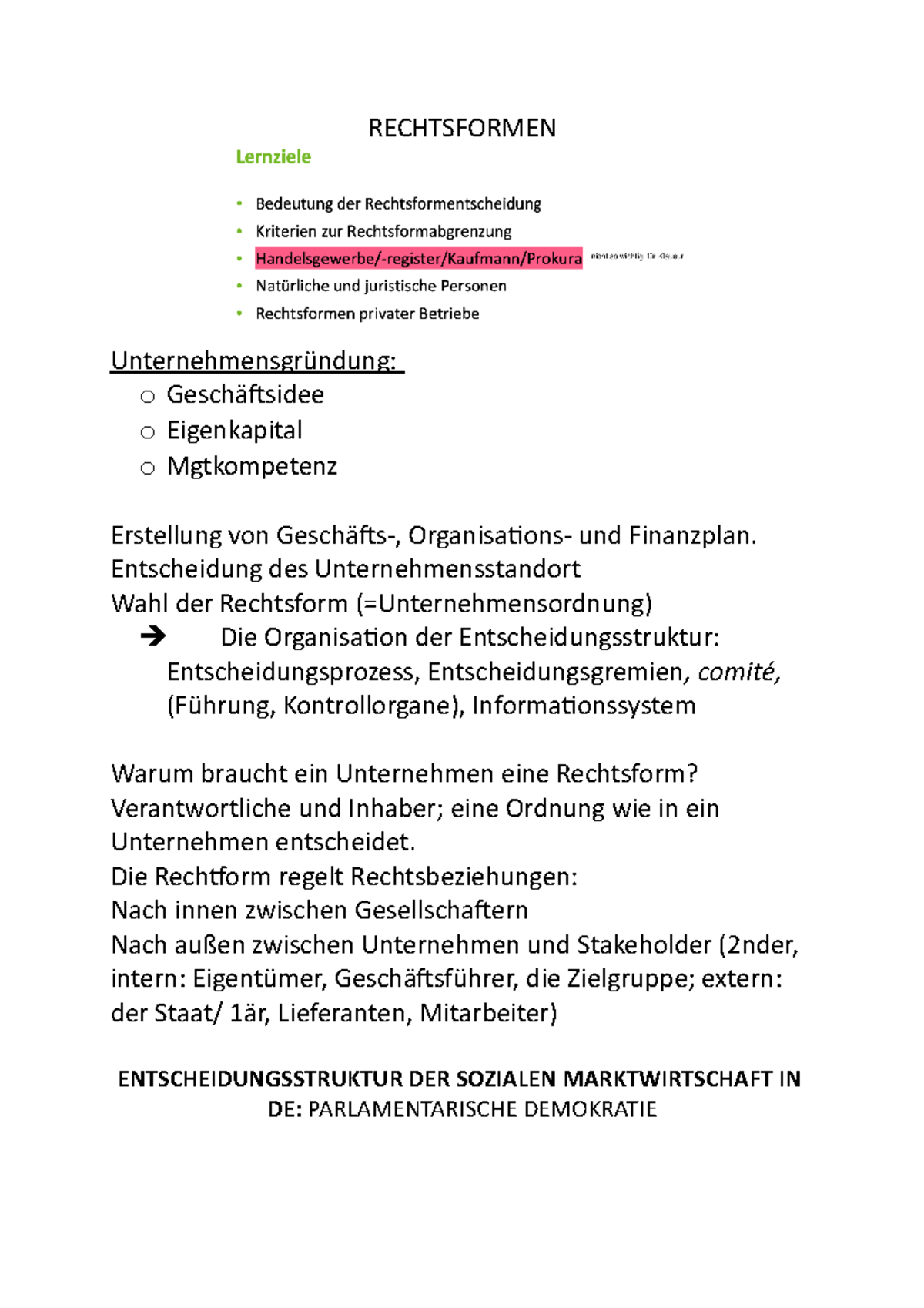 Zusammenfassung VL Rechtsformen (Frau Lobenberg ...