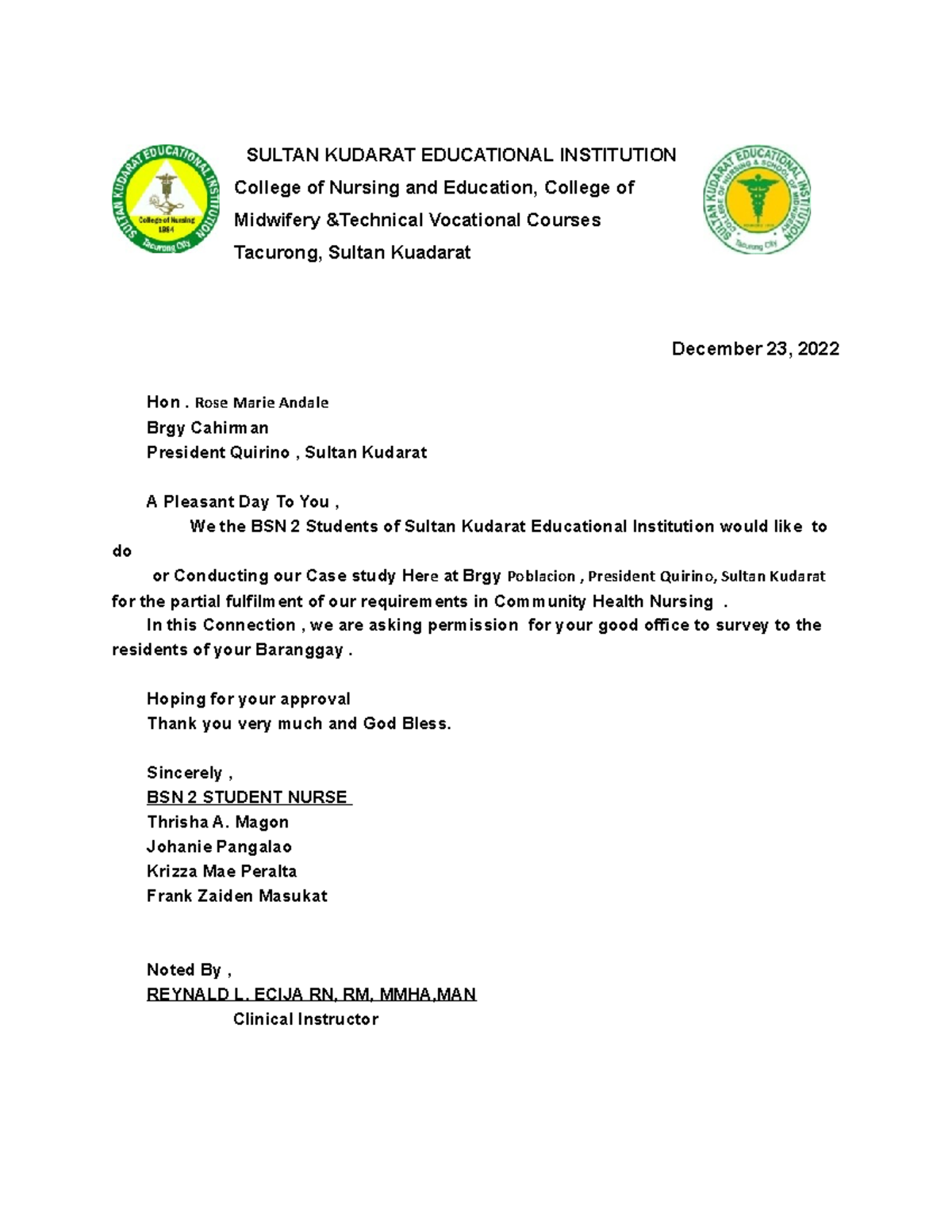 Letter - Hahahha - SULTAN KUDARAT EDUCATIONAL INSTITUTION College of ...