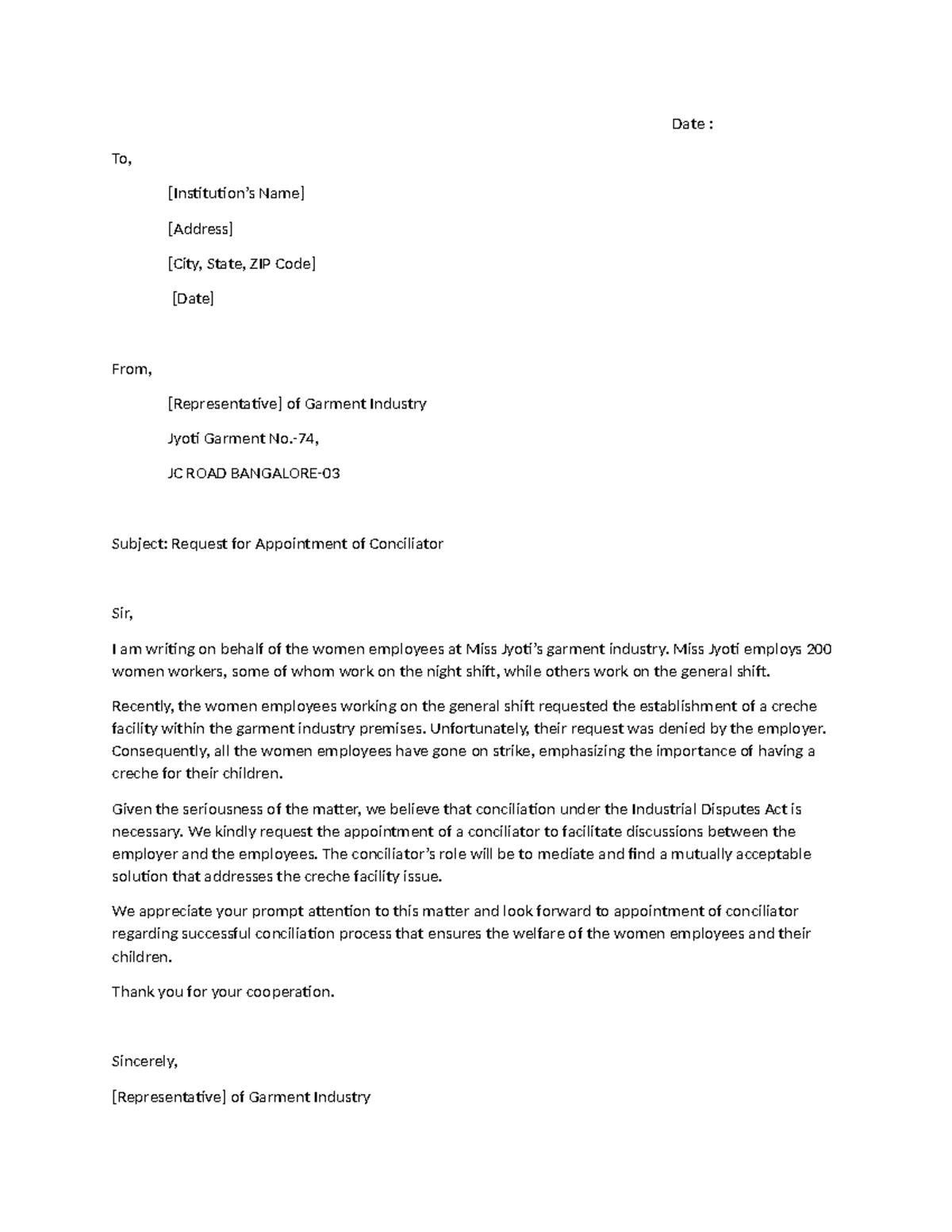 Request Letter For Conciliation - Date : To, [Institution’s Name ...