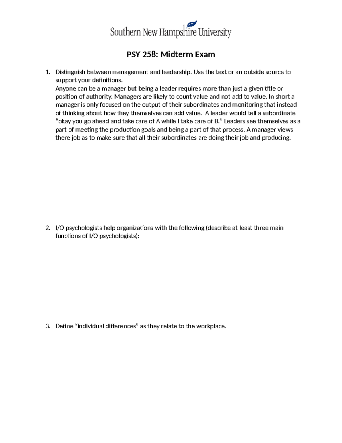 Industrial Psychology Midterm - PSY 258: Midterm Exam Distinguish ...
