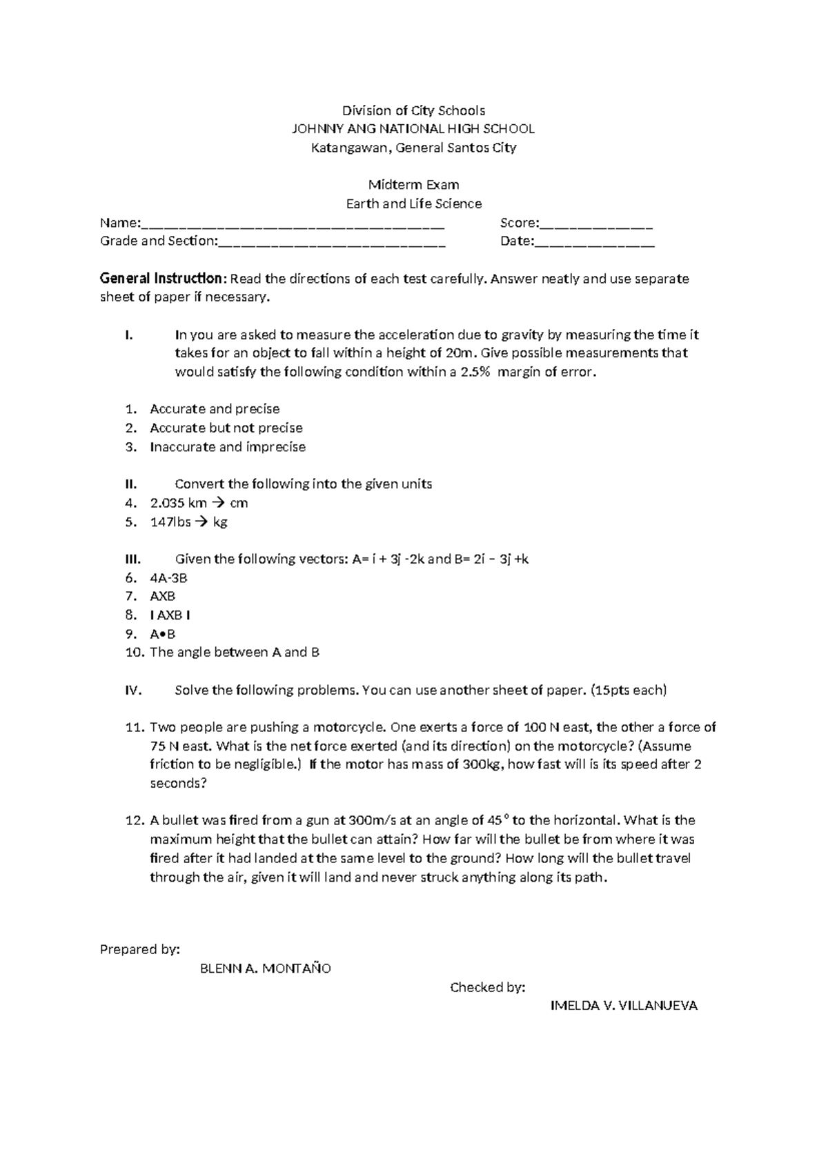 Sample Exam for General Physics 1 - Division of City Schools JOHNNY ANG ...