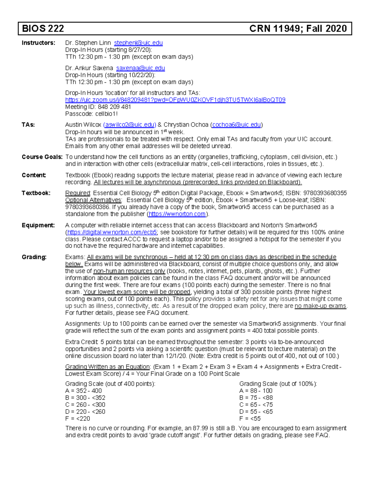 Syllabus Cell Bios 222 Fall 2020 - BIOS 222 CRN 11949 ; Fall 2020 ...