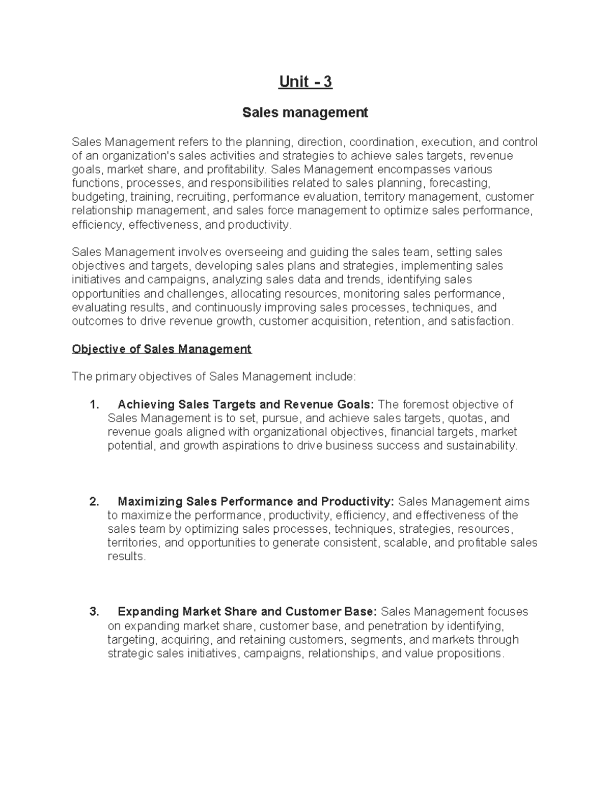course material - Unit - 3 Sales management Sales Management refers to ...