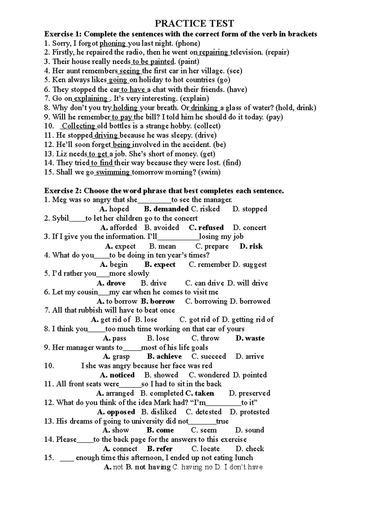 UNIT 12 Practice TEST - hhhhhh - PRACTICE TEST Exercise 1: Complete the ...