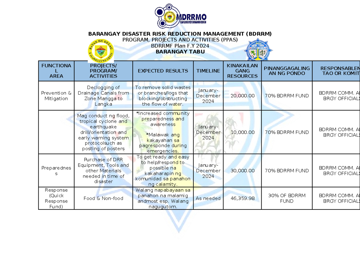 TABU BDRR PLAN 2024 - BARANGAY DISASTER RISK REDUCTION MANAGEMENT ...