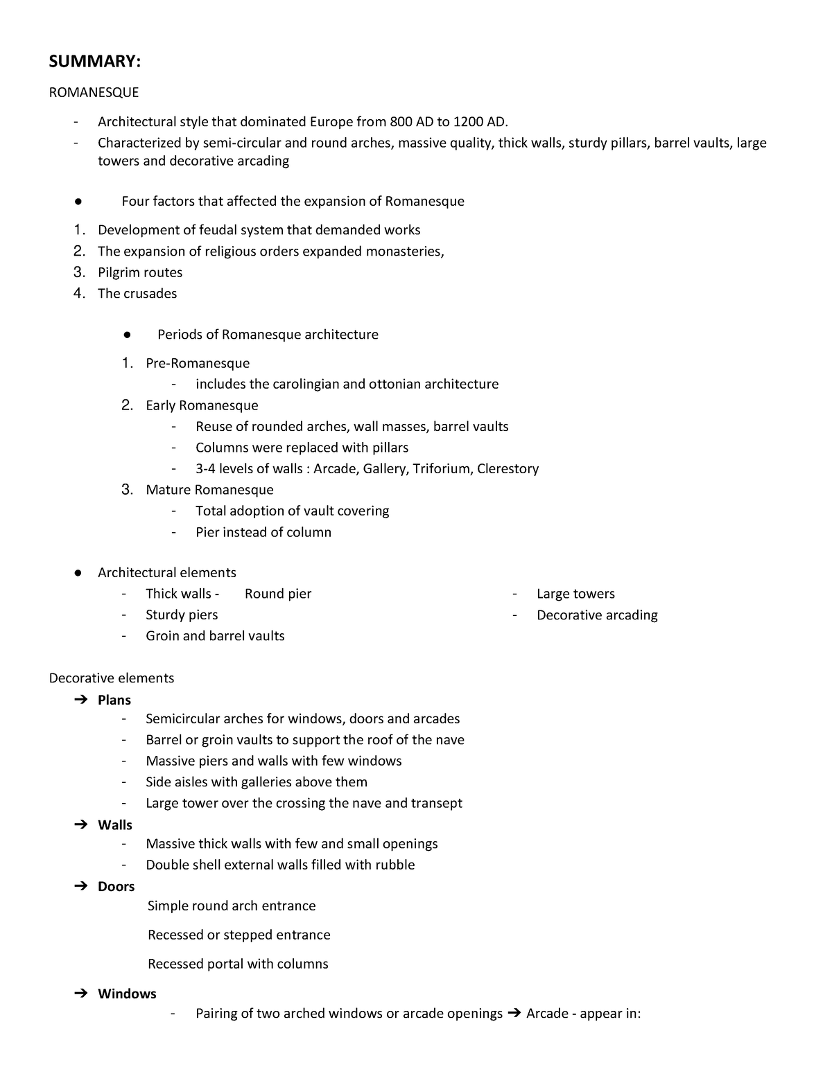 Summary - History of architecture - SUMMARY: ROMANESQUE Architectural ...