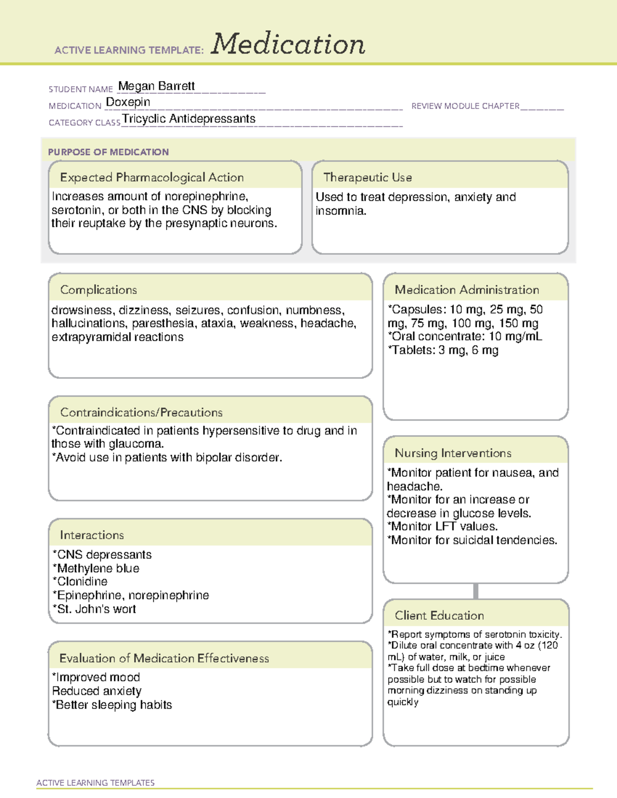 Doxepin - ACTIVE LEARNING TEMPLATES Medication STUDENT NAME