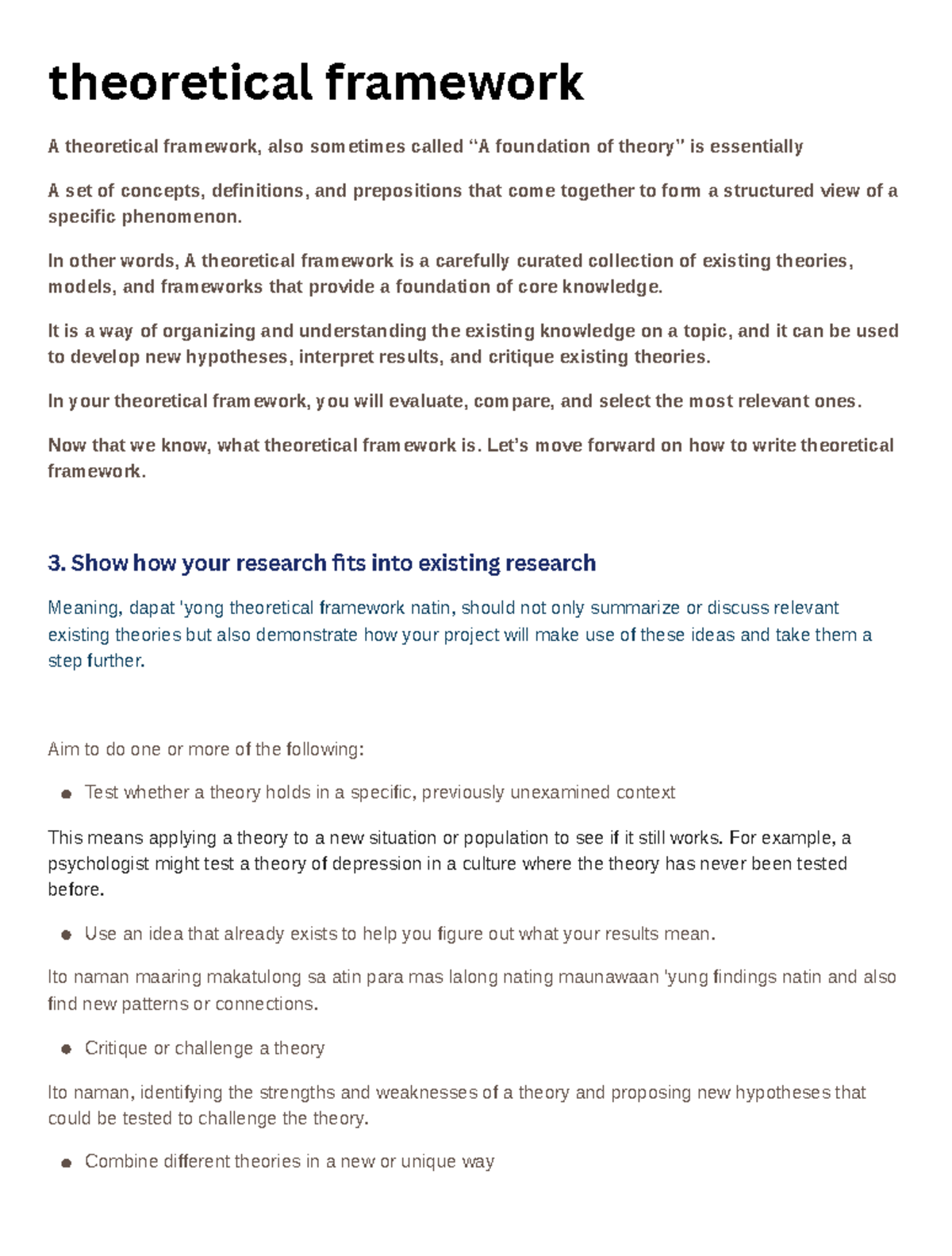 Theoretical framework In other words, A theoretical framework is a