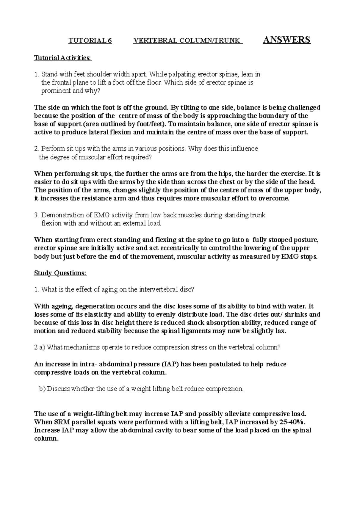 Tute6Vert Col Answers TUTORIAL 6 VERTEBRAL COLUMN/TRUNK ANSWERS