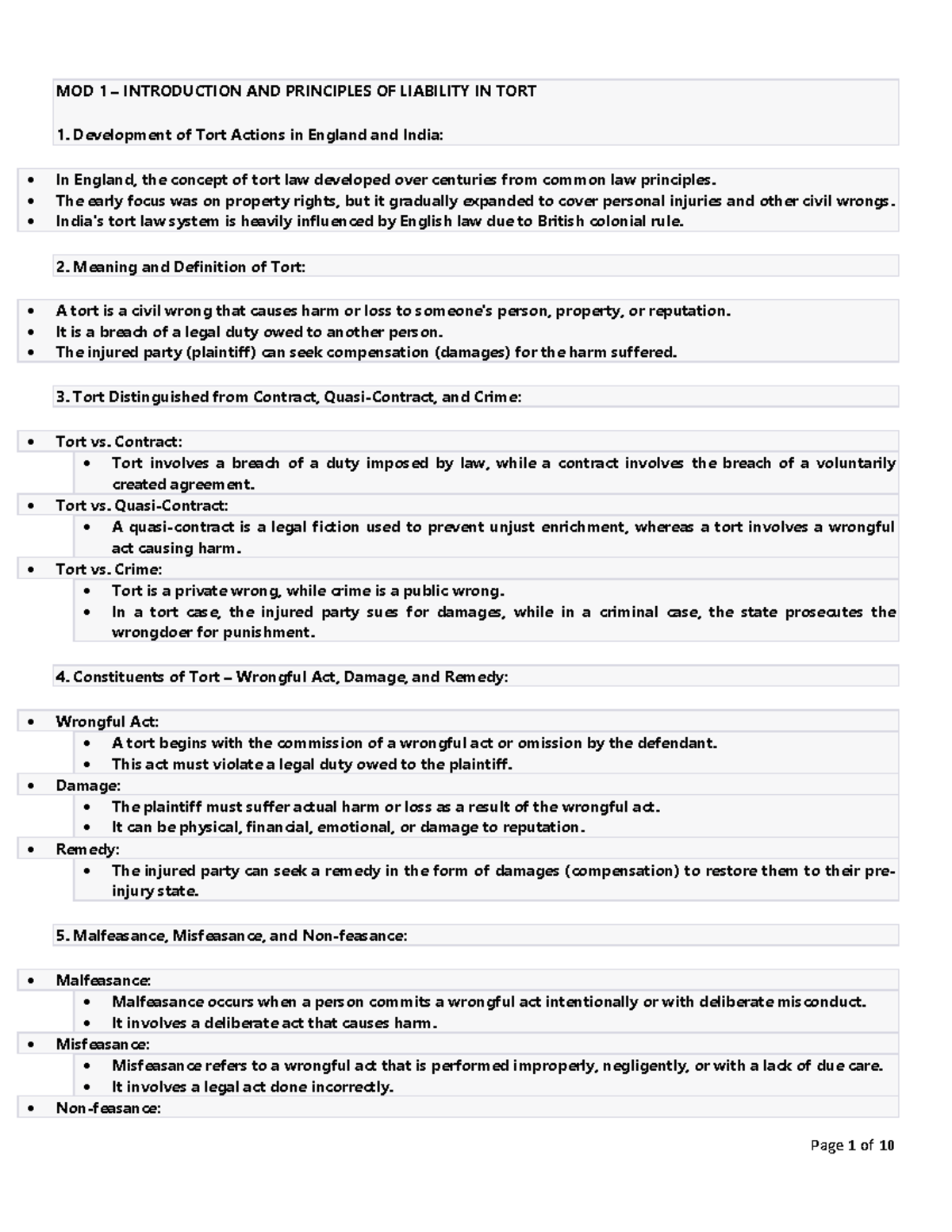 Law of Torts precise notes - MOD 1 – INTRODUCTION AND PRINCIPLES OF ...