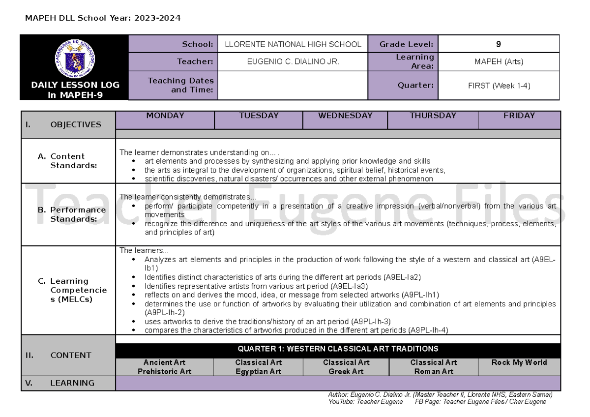 Q1 DLL- Mapeh 9 Arts - Daily Lesson Log - DAILY LESSON LOG In MAPEH ...