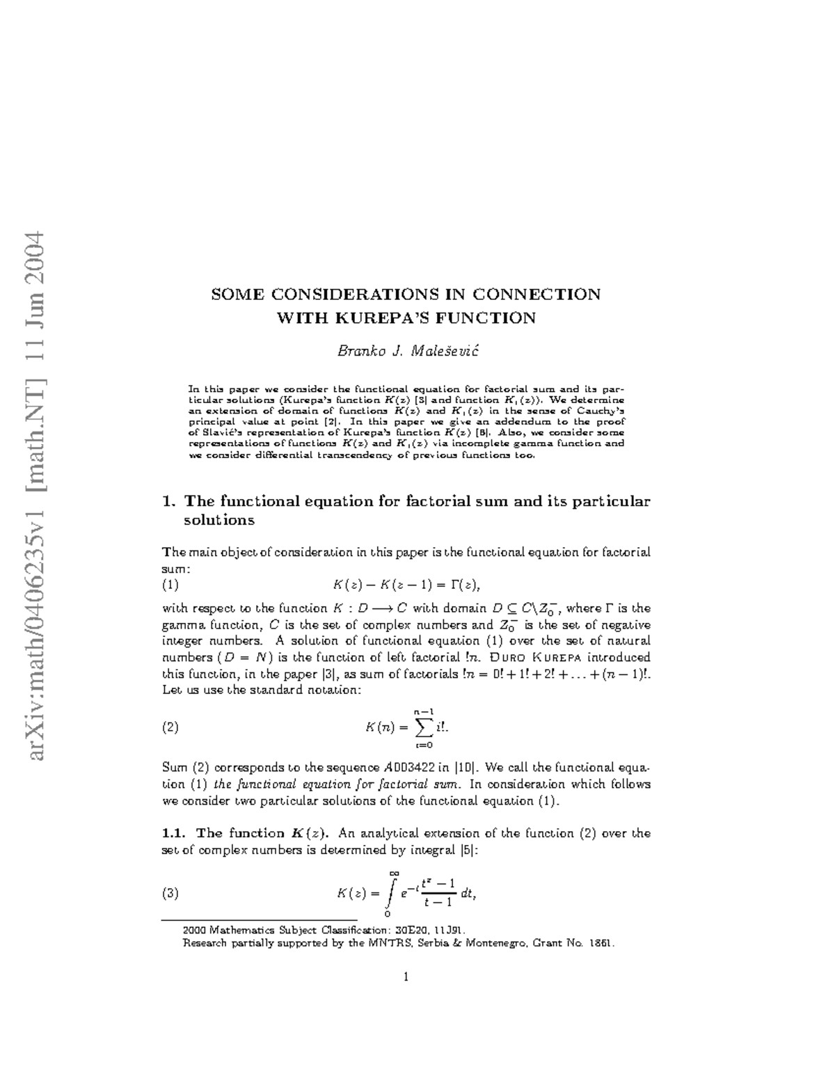 0406235 - Cours - arXiv:math/0406235v1 [math] 11 Jun 2004 SOME ...