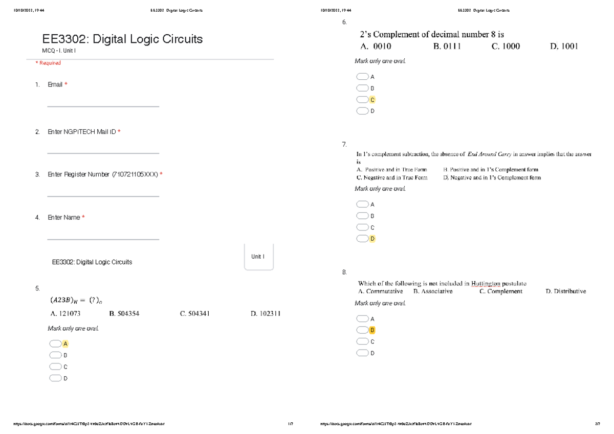 MCQ I Questions - Notes For DLC - 10/10/2022, 19:44 EE3302: Digital ...