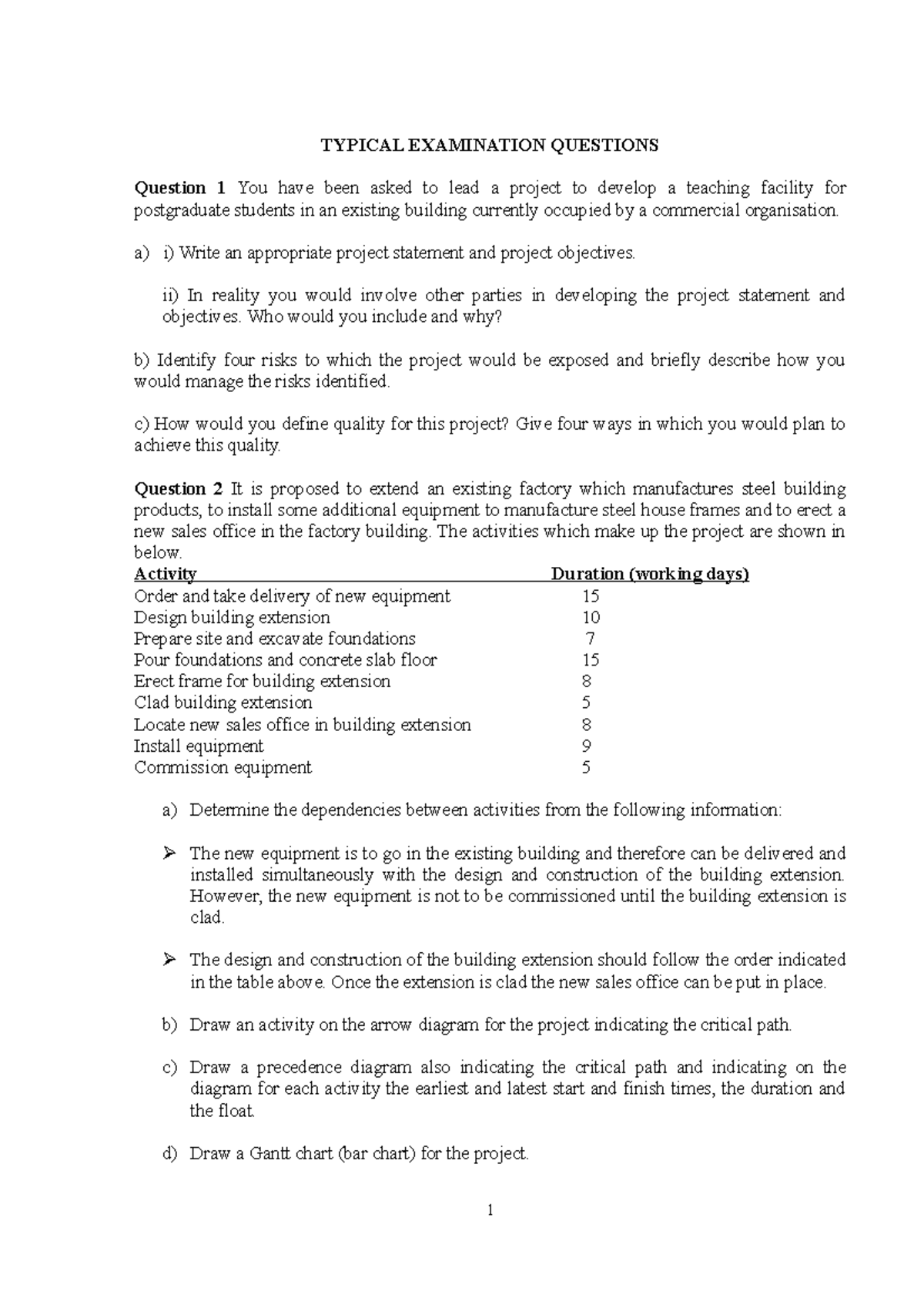 Typical Examination Questions - TYPICAL EXAMINATION QUESTIONS Question ...