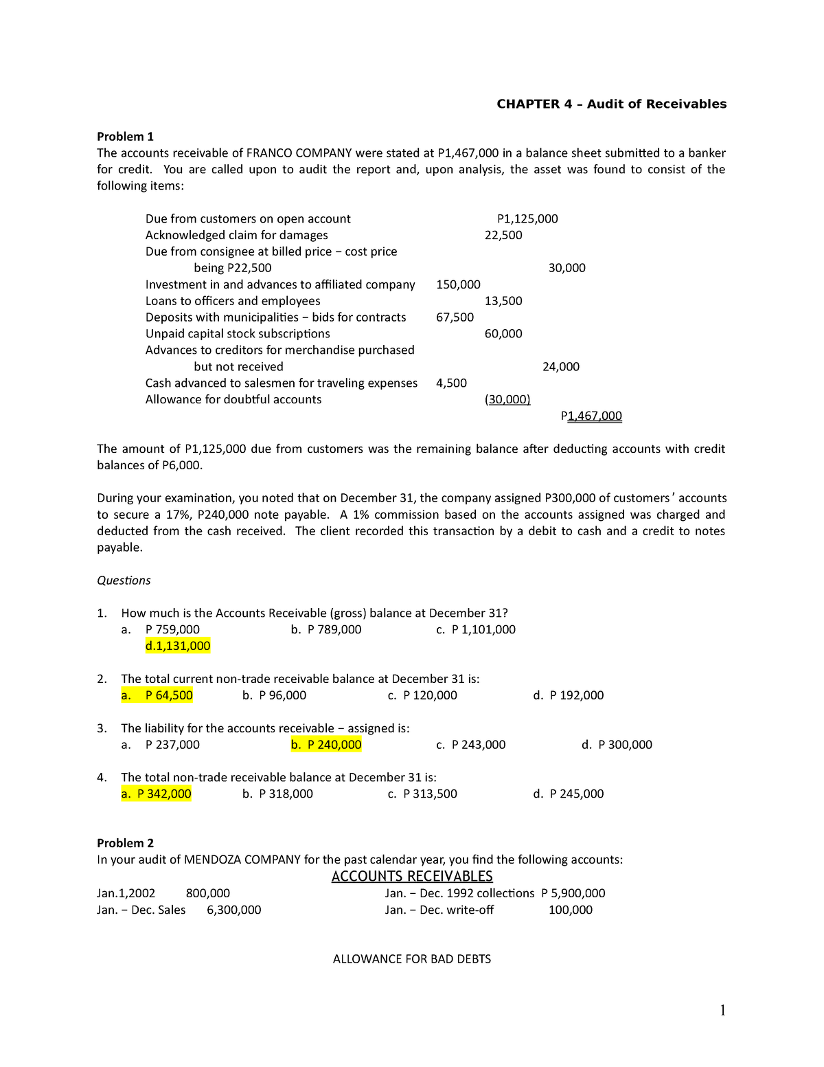 Audit-of-Receivables - CHAPTER 4 – Audit of Receivables Problem 1 The ...