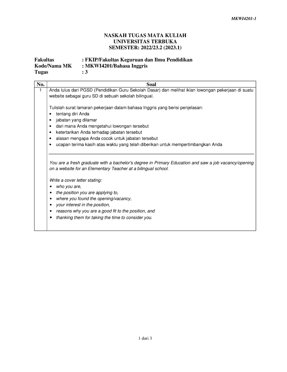 Soal Mkwi4201 Tmk3 1 - Answer - MKWI4201- 1 Dari 3 NASKAH TUGAS MATA ...