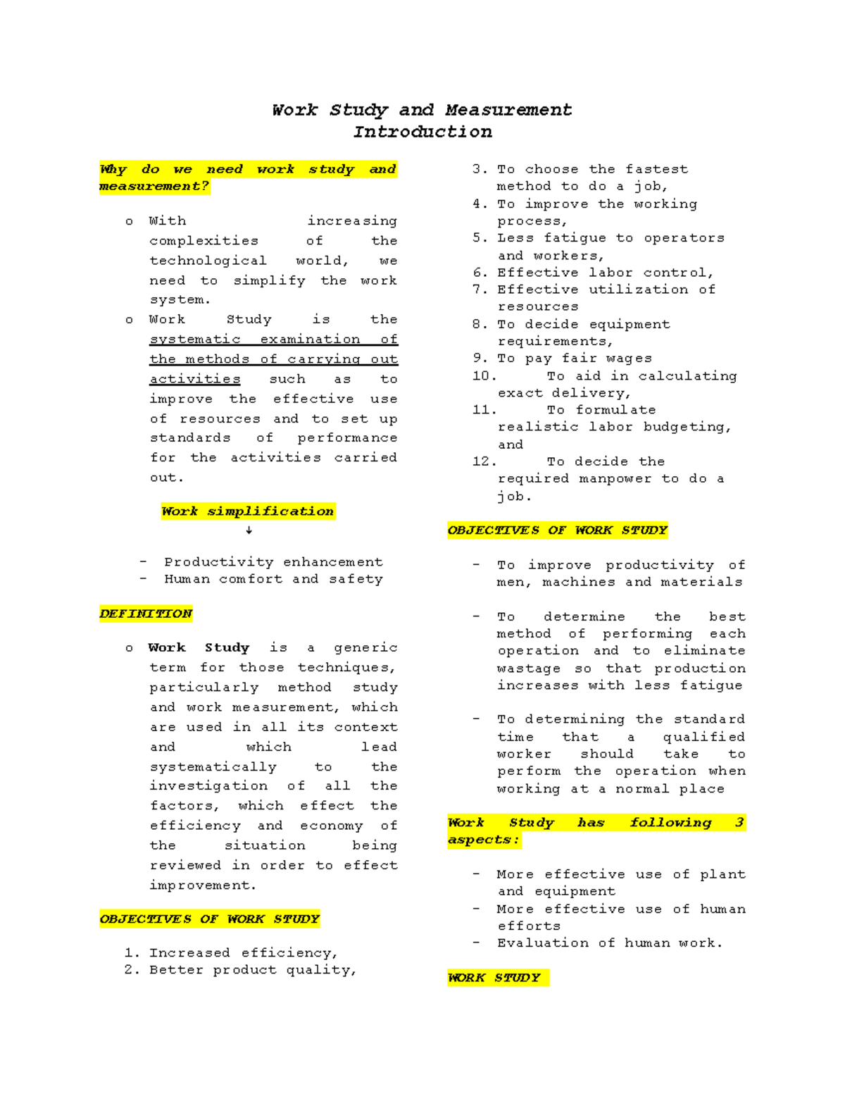 Work Study and Measurement Intro Duction Work Study and Measurement
