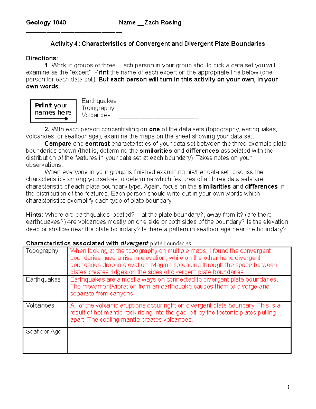 In Class Activity 4 (plate tectonics) Lon Abbott - Geology 1040 Name __Zach  Rosing - StuDocu