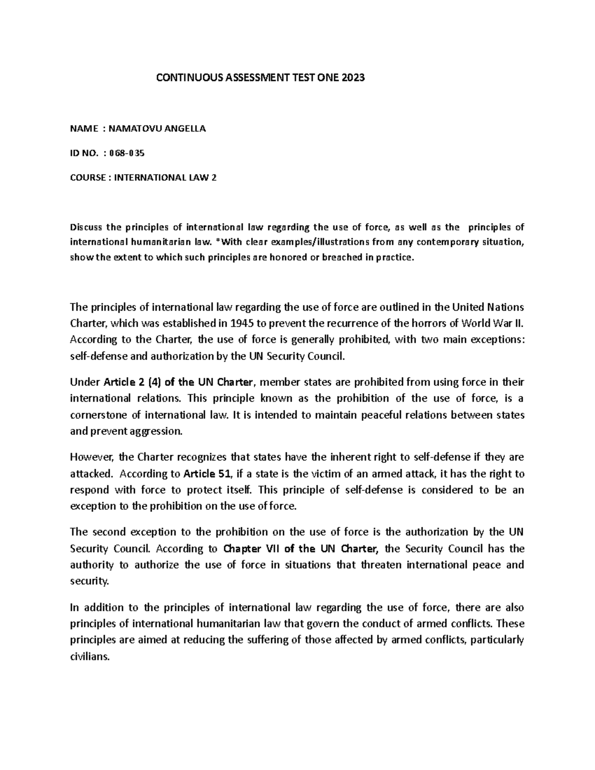 CAT 1 - International LAW 2 - CONTINUOUS ASSESSMENT TEST ONE 2023 NAME ...