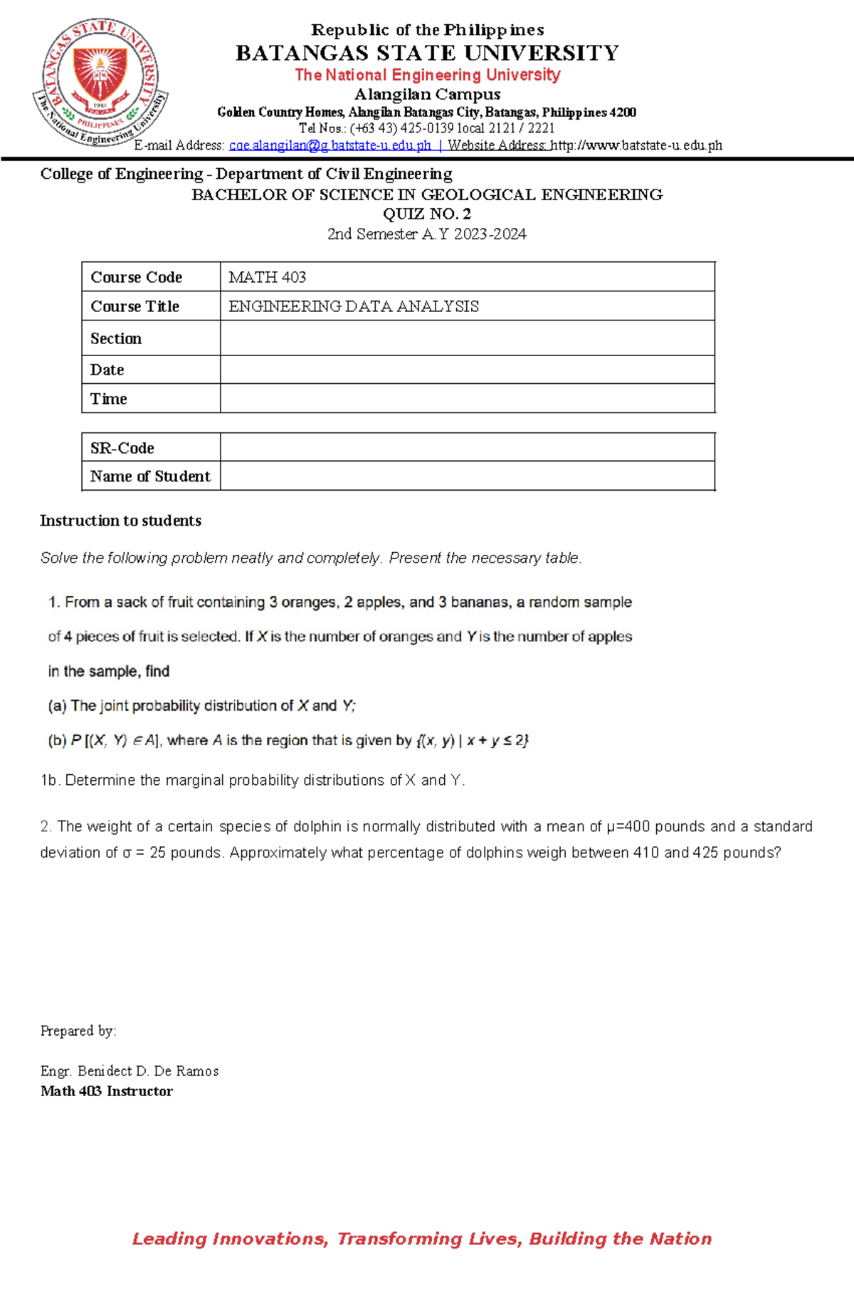 Math 403 Quiz 2 - Republic of the Philippines BATANGAS STATE UNIVERSITY ...