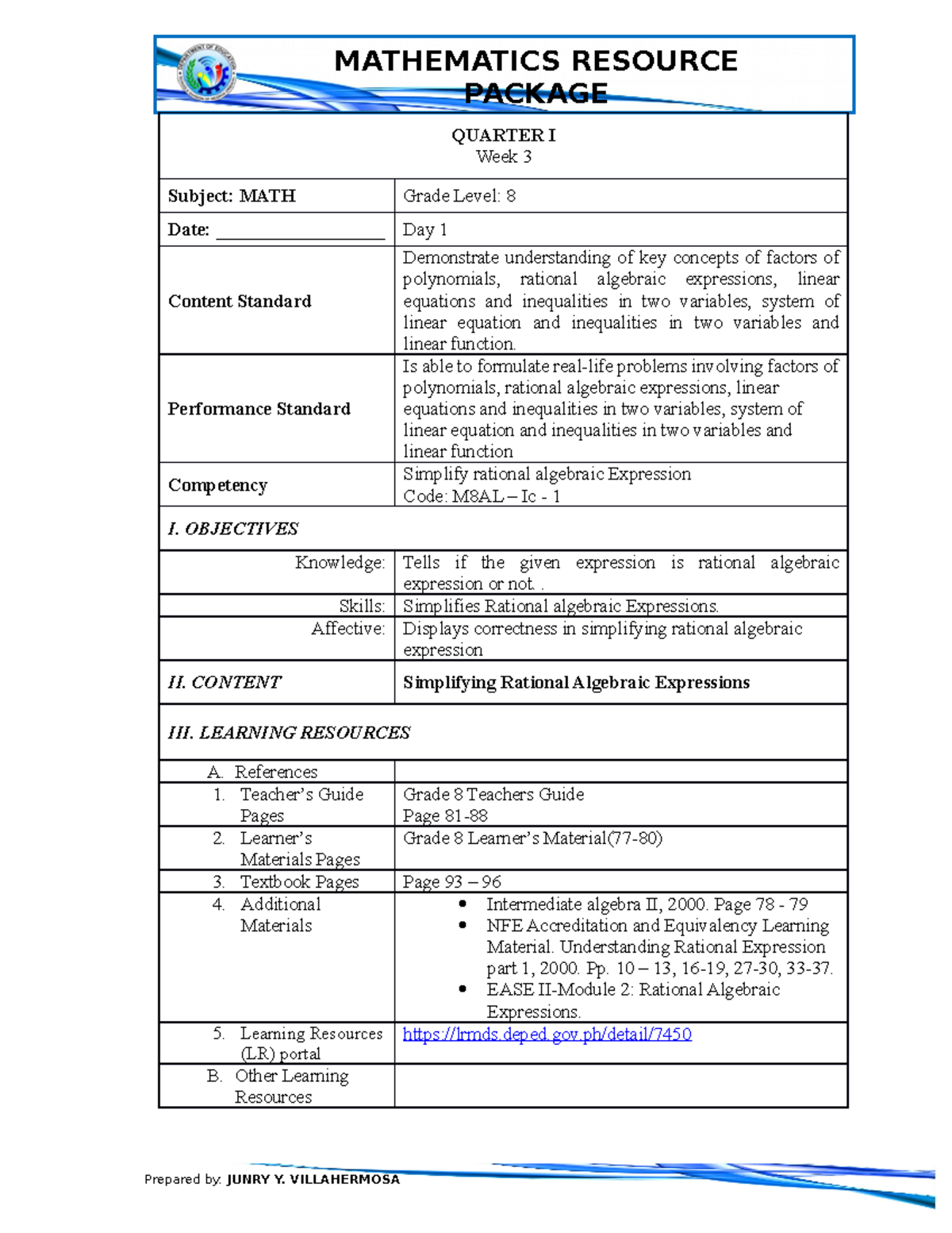 DLP 8 Week 3 Day 2 A Detailed Lesson Plan For Grade 8 Basic Education 