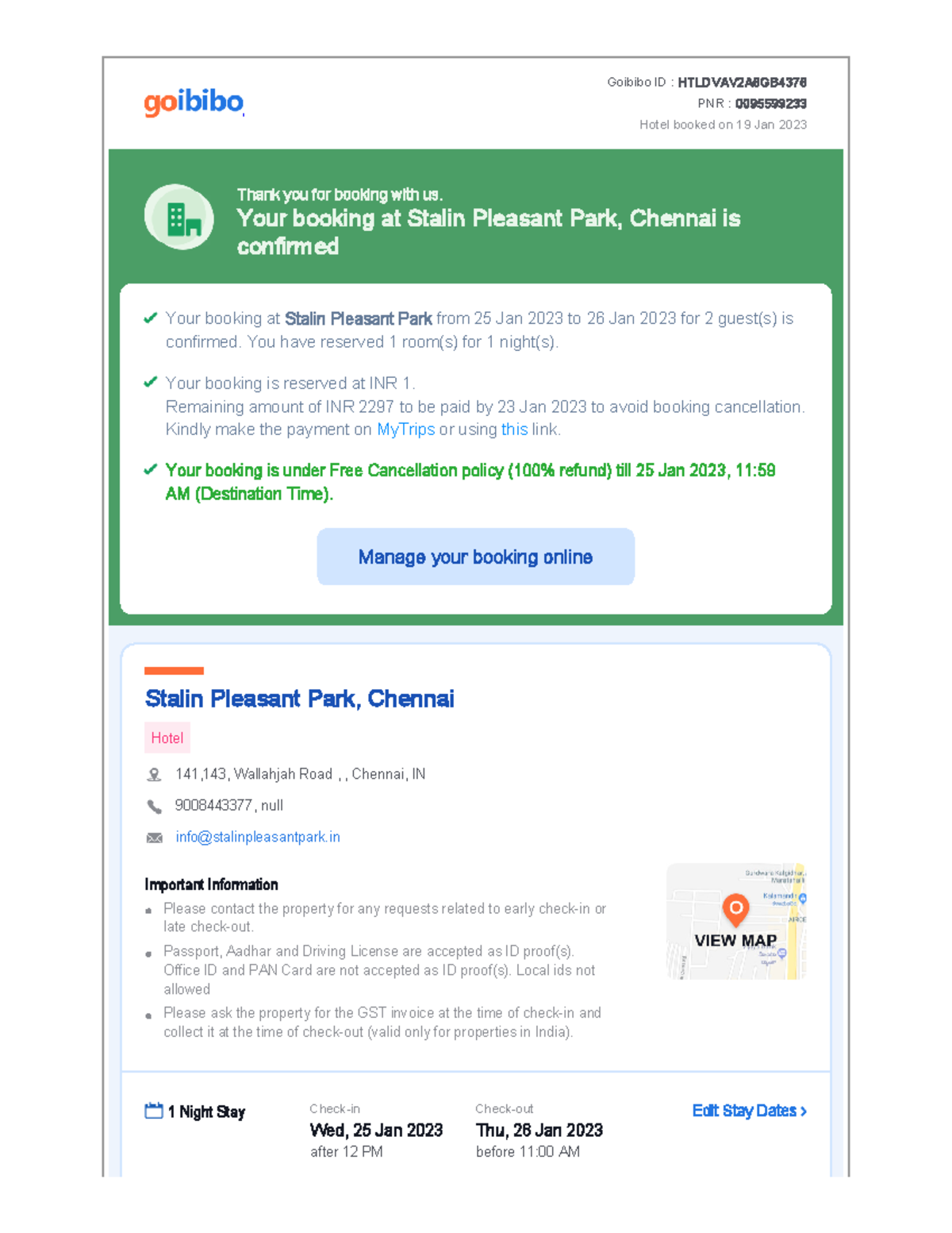 Booking Confirmation Voucher Goibibo ID HTLDVAV 2 A 6 GB 4376 PNR 0095599233 Hotel booked