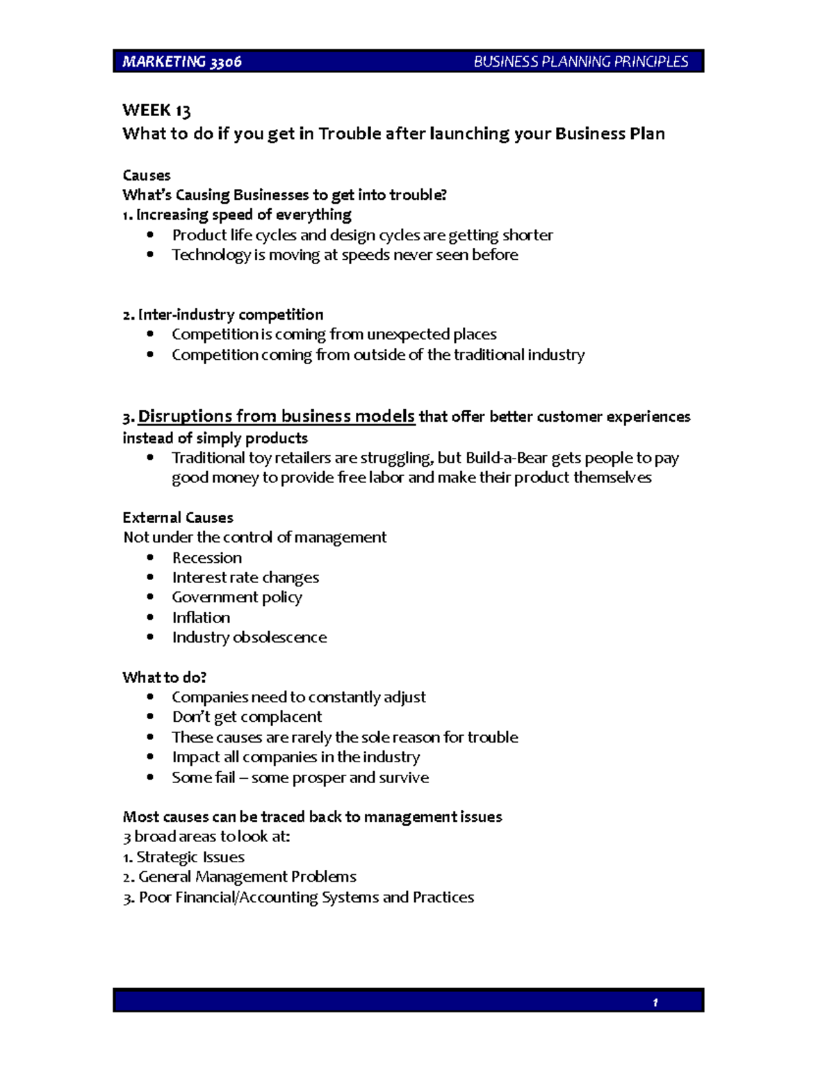 Bus Plan Lecture Week 13 MARKETING 3306 BUSINESS PLANNING PRINCIPLES