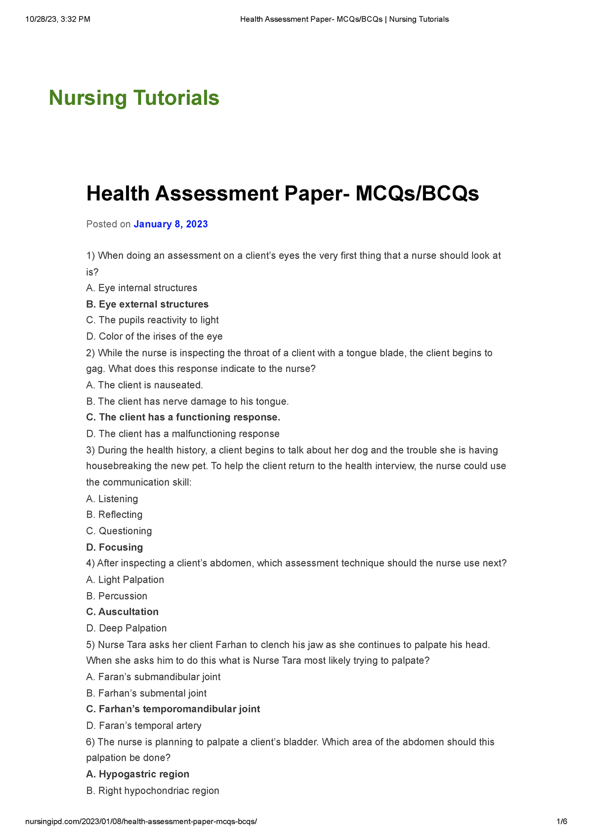 Health Assessment Paper- MCQs BCQs Nursing Tutorials 2 - Health ...