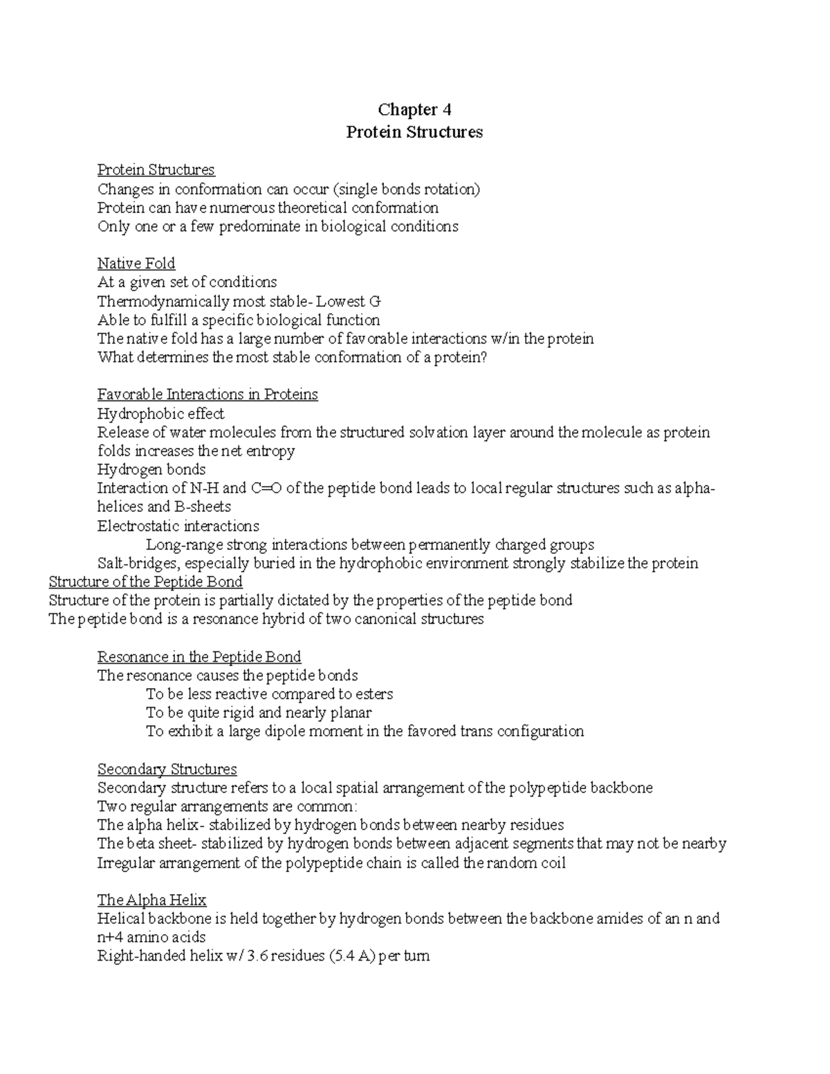BSC 450 Chapter 4 - Lecture notes 4 - Chapter 4 Protein Structures ...